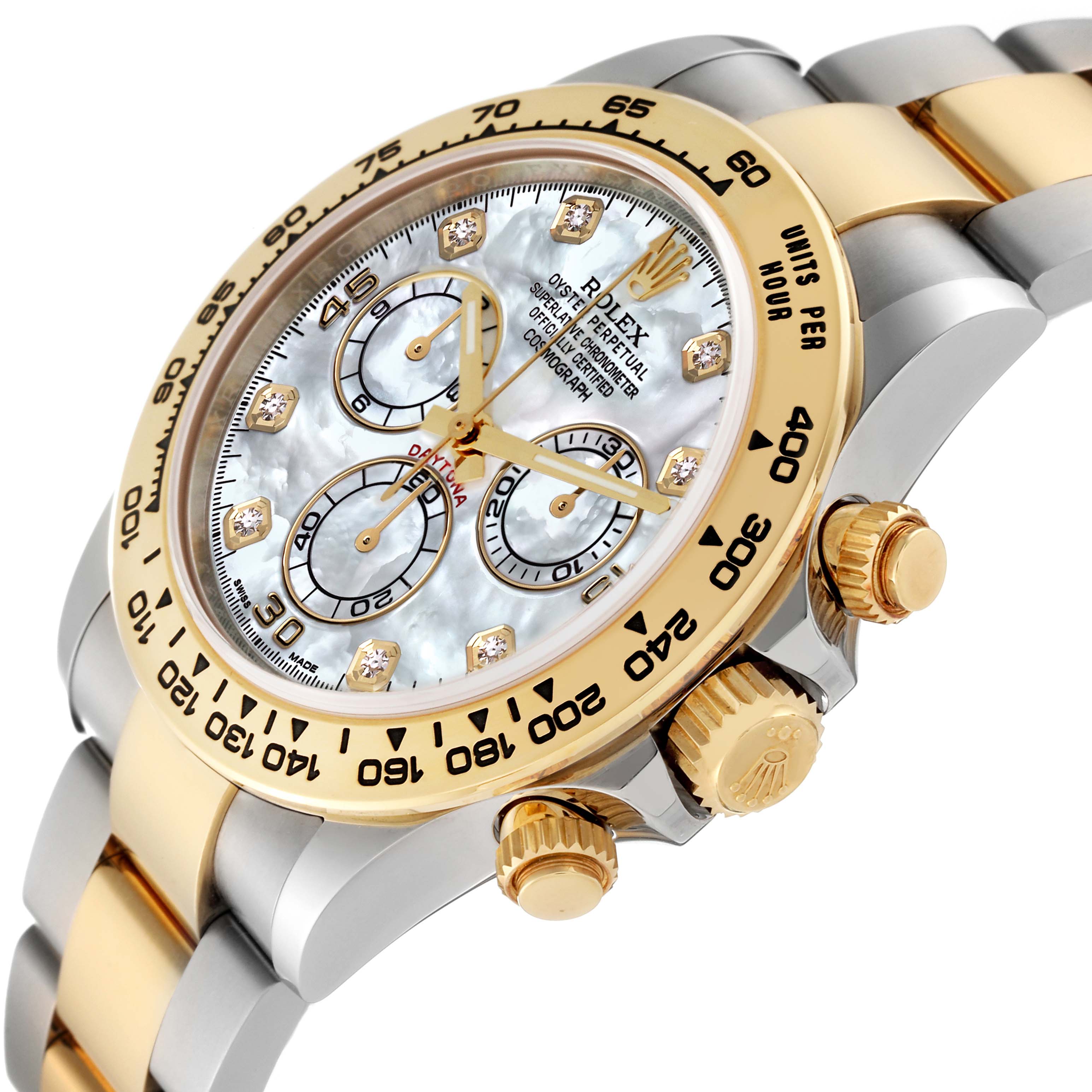 The image shows a side and front angled view of the Rolex Daytona 116503 Men's Steel and Gold (two tone) Mother of Pearl Dial 116503 Men's Steel and Gold (two tone) Mother of Pearl Dial watch, highlighting the bezel, face, and crown.