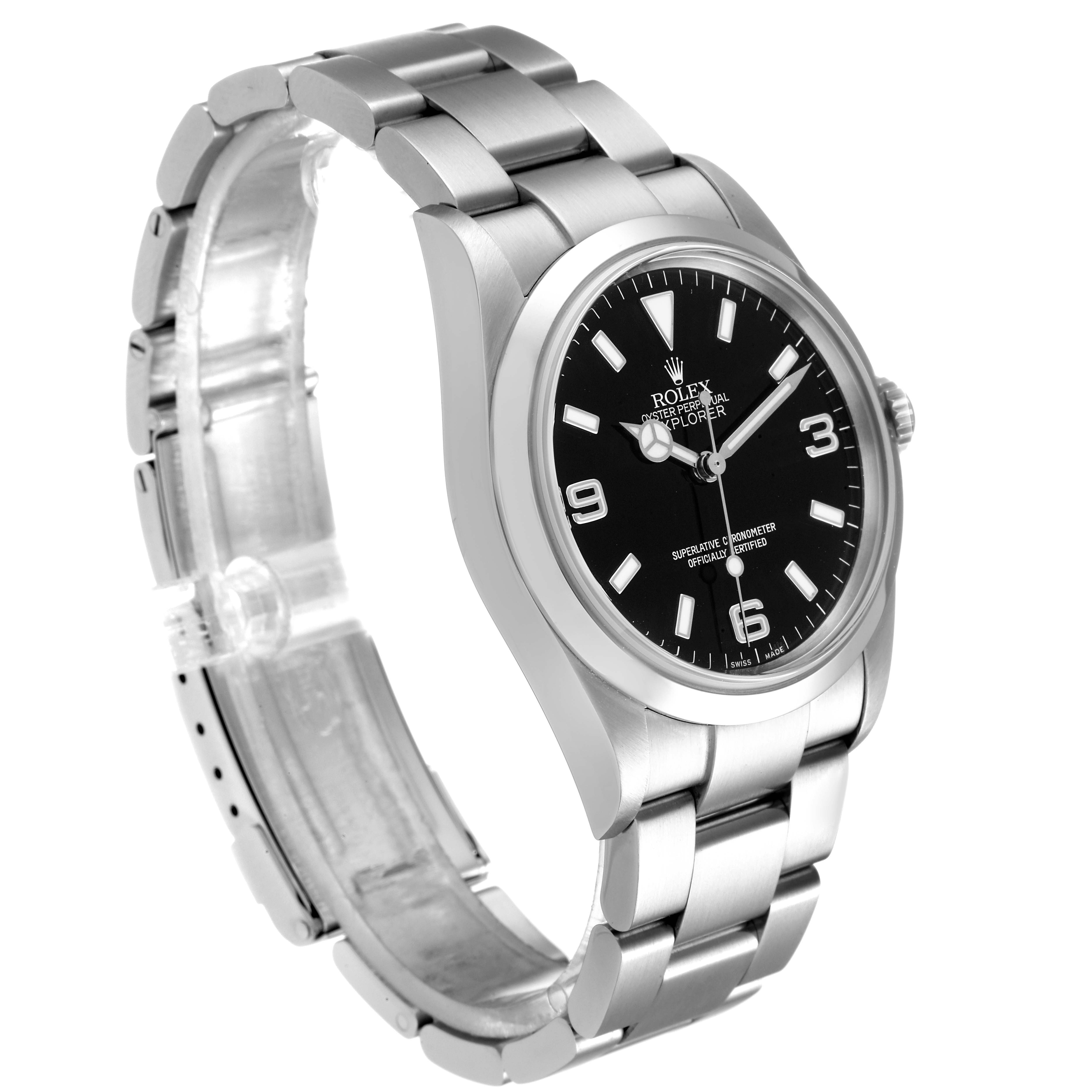 The Rolex Explorer 114270 Men
s Stainless Steel Black Dial 114270 Men
s Stainless Steel Black Dial watch is shown at a slight angle, highlighting its stainless steel bracelet and black dial with luminescent markers.