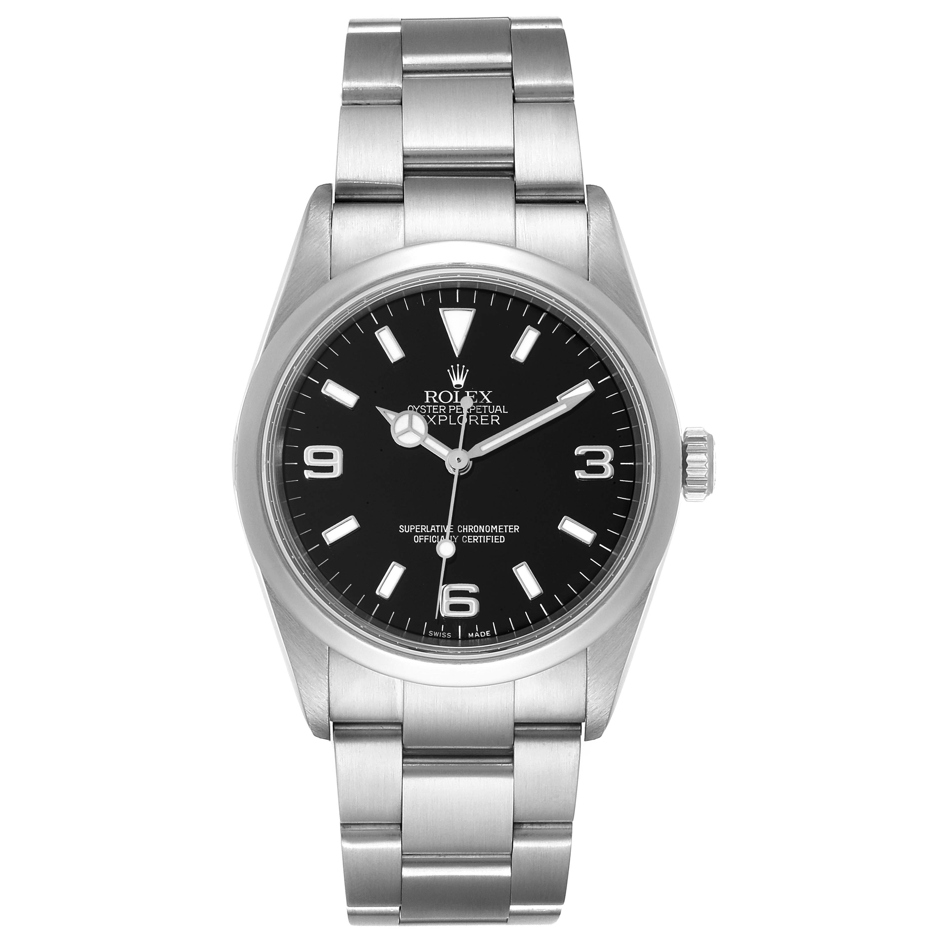 The image shows a front view of a Rolex Explorer 114270 Men
s Stainless Steel Black Dial 114270 Men
s Stainless Steel Black Dial watch, displaying its face, bracelet, and crown.