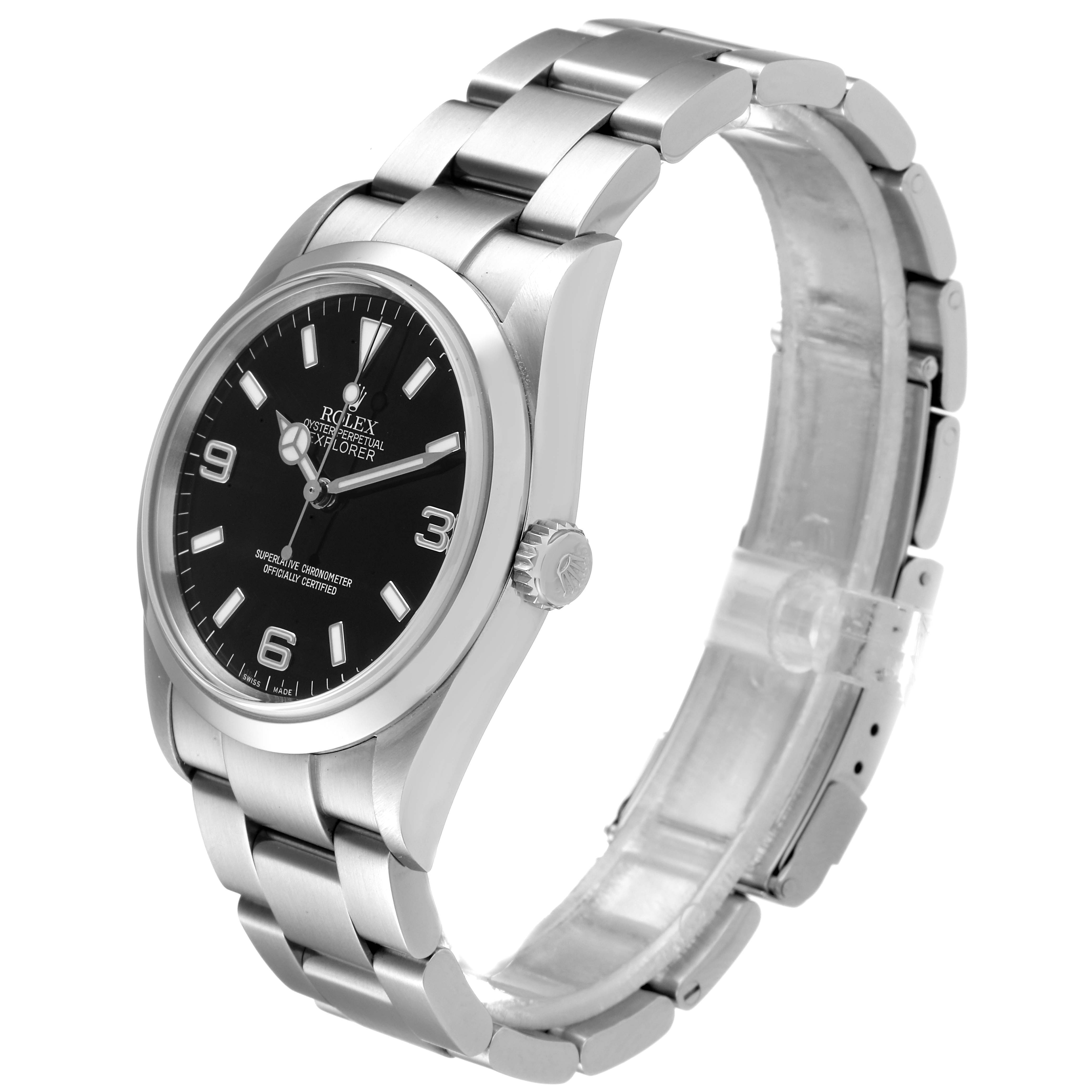 The Rolex Explorer 114270 Men
s Stainless Steel Black Dial 114270 Men
s Stainless Steel Black Dial watch is shown from an angled view, displaying its stainless steel case, black dial, silver bracelet, and crown.