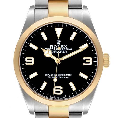 Photo of Rolex Explorer I Steel Yellow Gold Black Dial Mens Watch 124273 Box Card