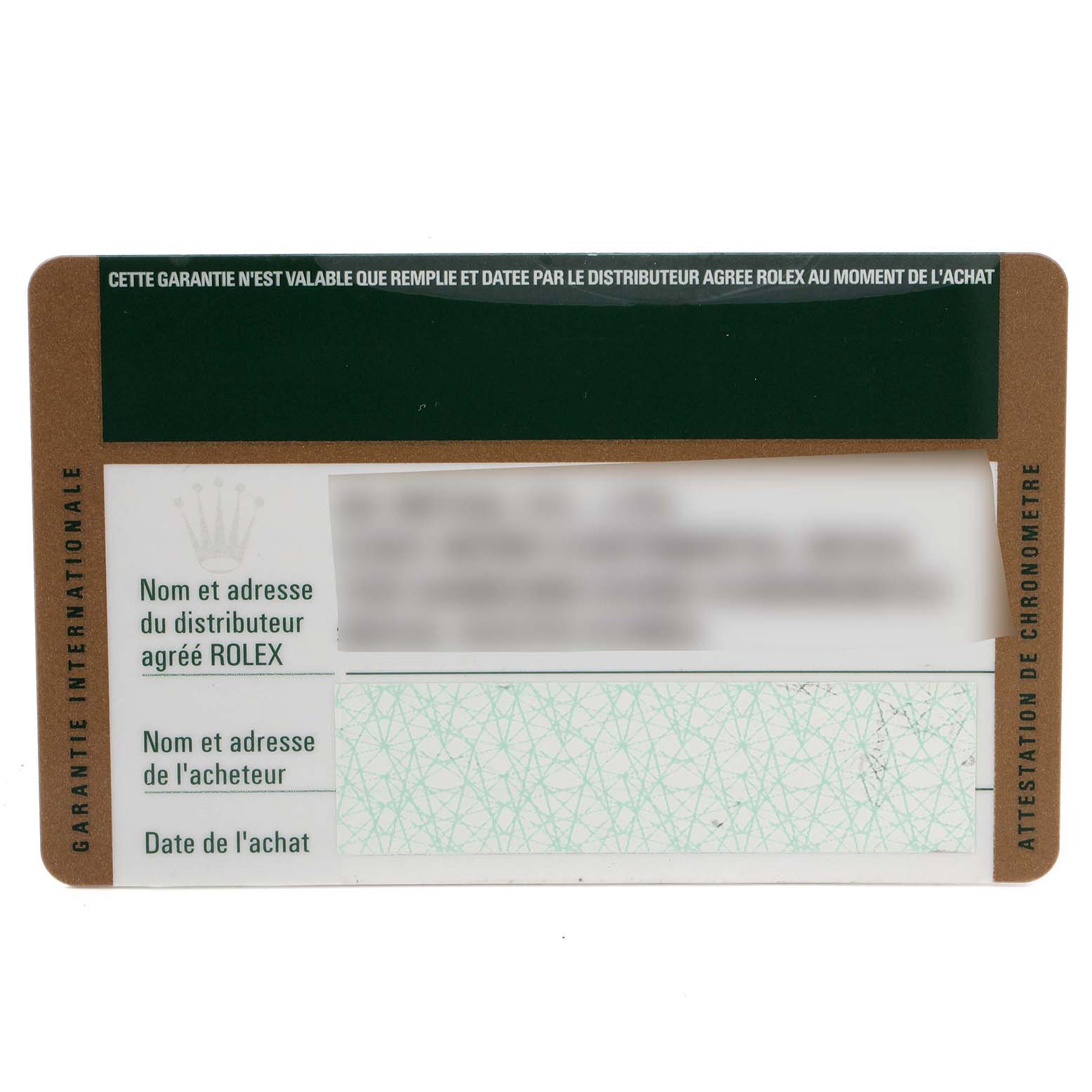 The image shows a close-up of the international warranty card for the Rolex Explorer 16570 Men
s Stainless Steel White Dial 16570 Men
s Stainless Steel White Dial model.