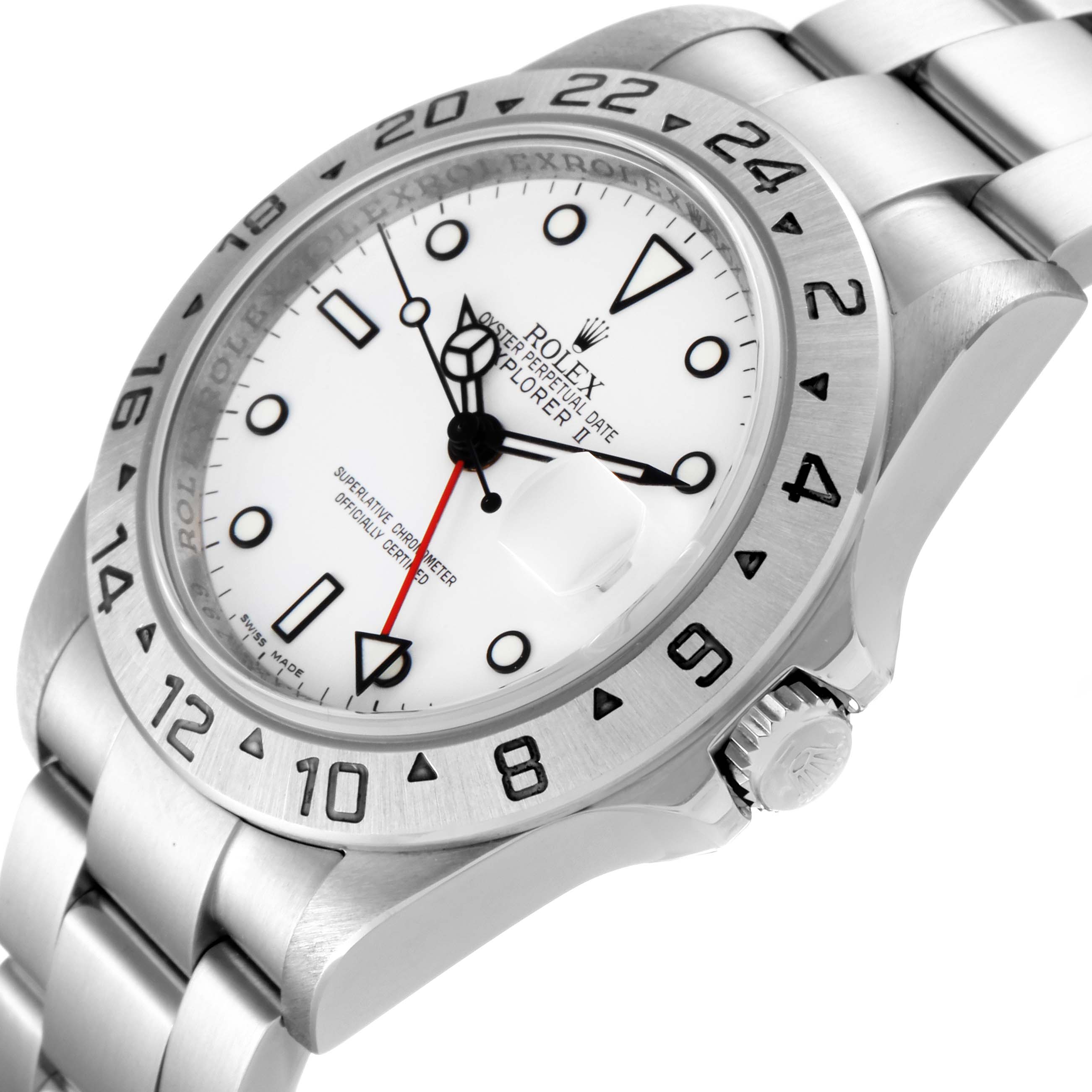 The image shows a side angle of a Rolex Explorer 16570 Men
s Stainless Steel White Dial 16570 Men
s Stainless Steel White Dial watch, featuring the face, bezel, crown, and part of the bracelet.
