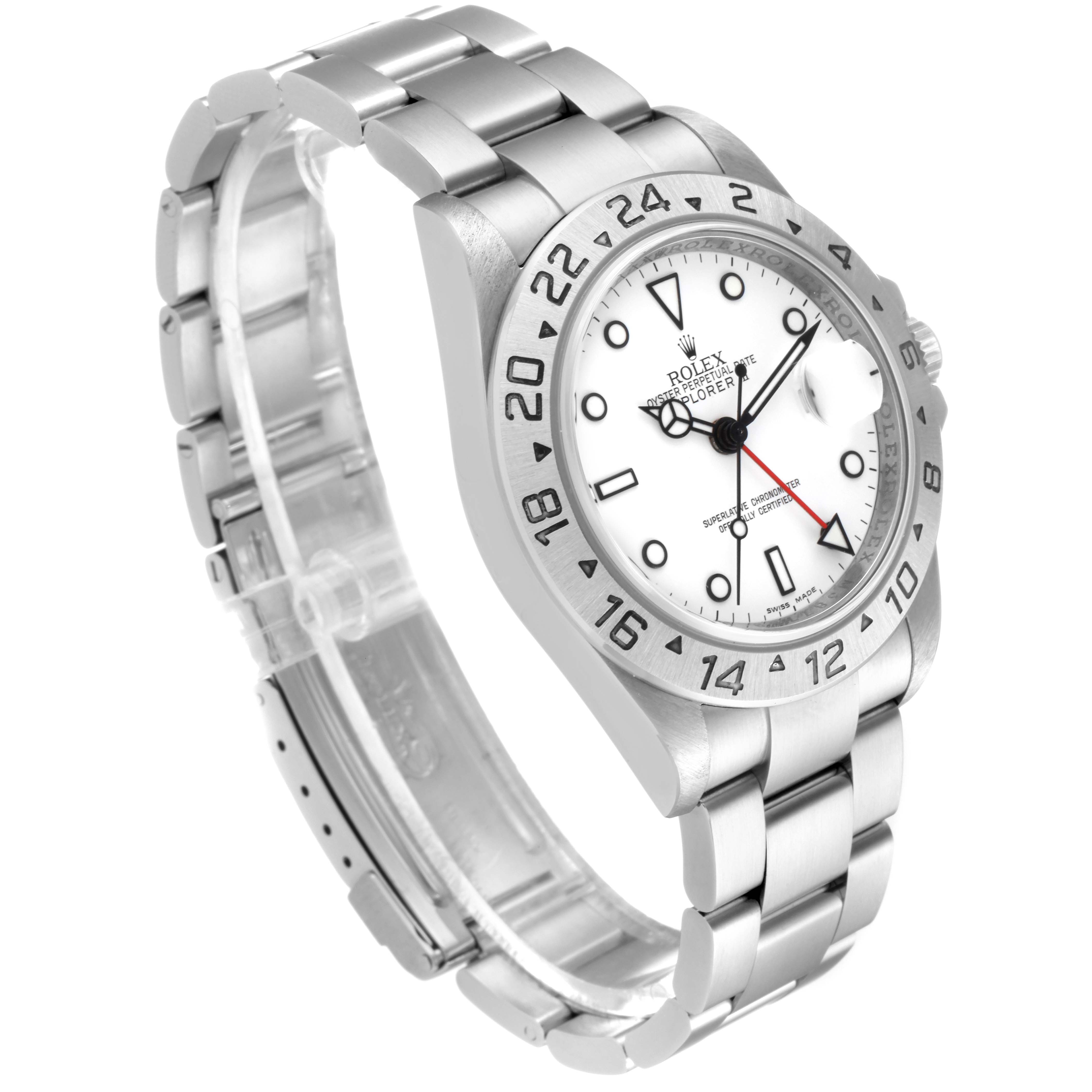 The image shows a Rolex Explorer 16570 Men
s Stainless Steel White Dial 16570 Men
s Stainless Steel White Dial model at a tilted angle displaying the face, bezel, and part of the bracelet.