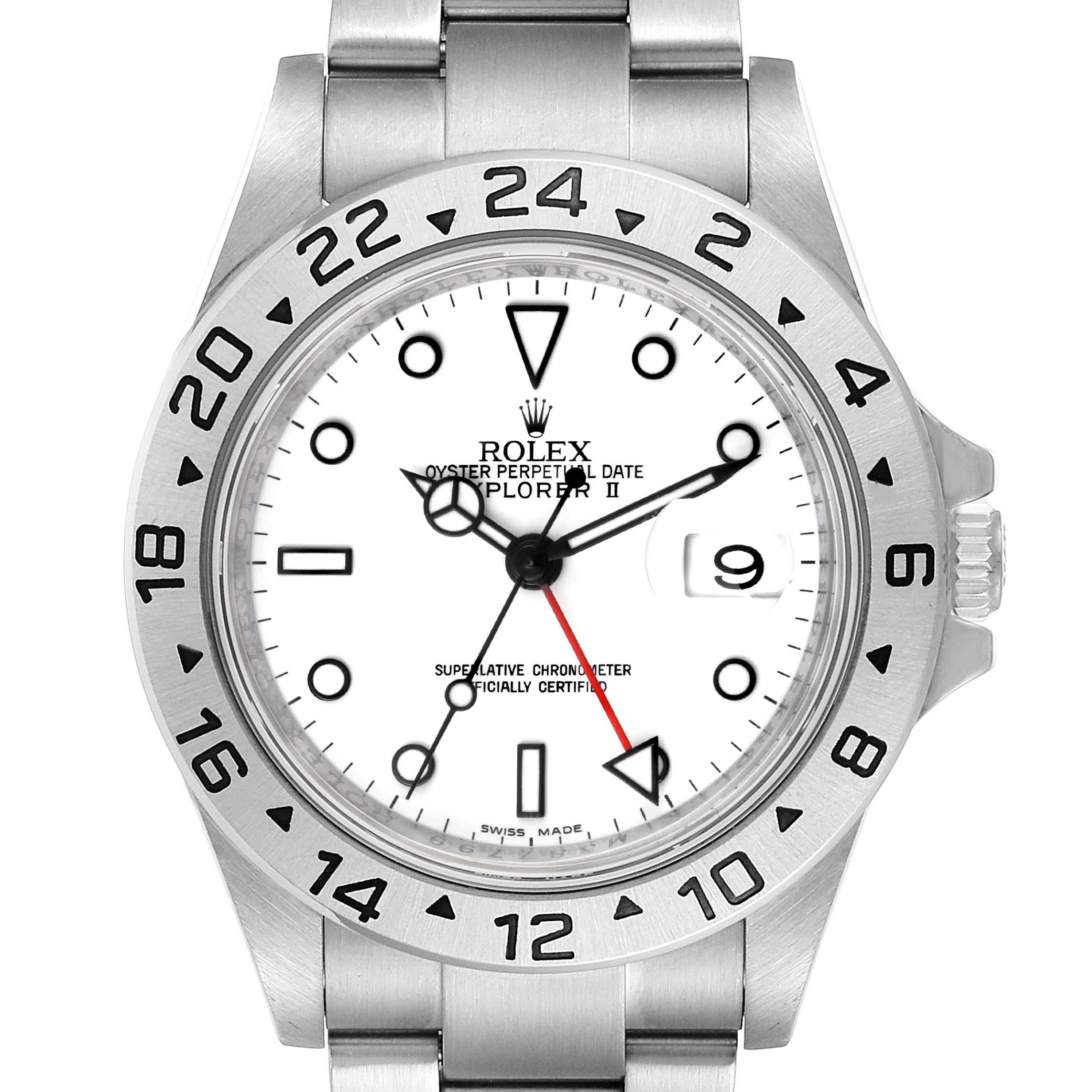 This image shows a front view of the Rolex Explorer 16570 Men
s Stainless Steel White Dial 16570 Men
s Stainless Steel White Dial watch, highlighting the dial, bezel, and part of the bracelet.