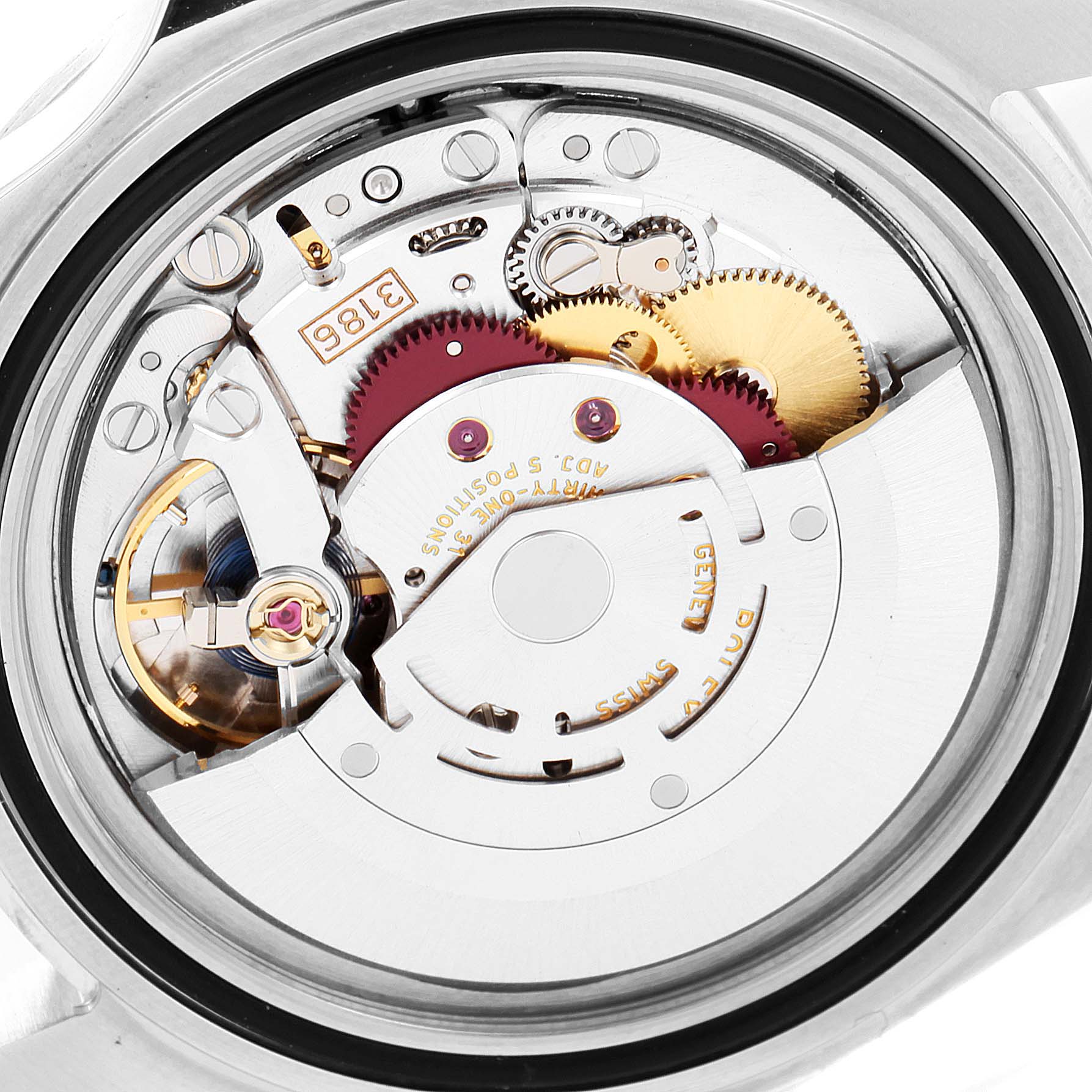This image shows the movement mechanism of a Rolex Explorer 16570 Men
s Stainless Steel White Dial 16570 Men
s Stainless Steel White Dial watch from the back angle, highlighting its gears and components.