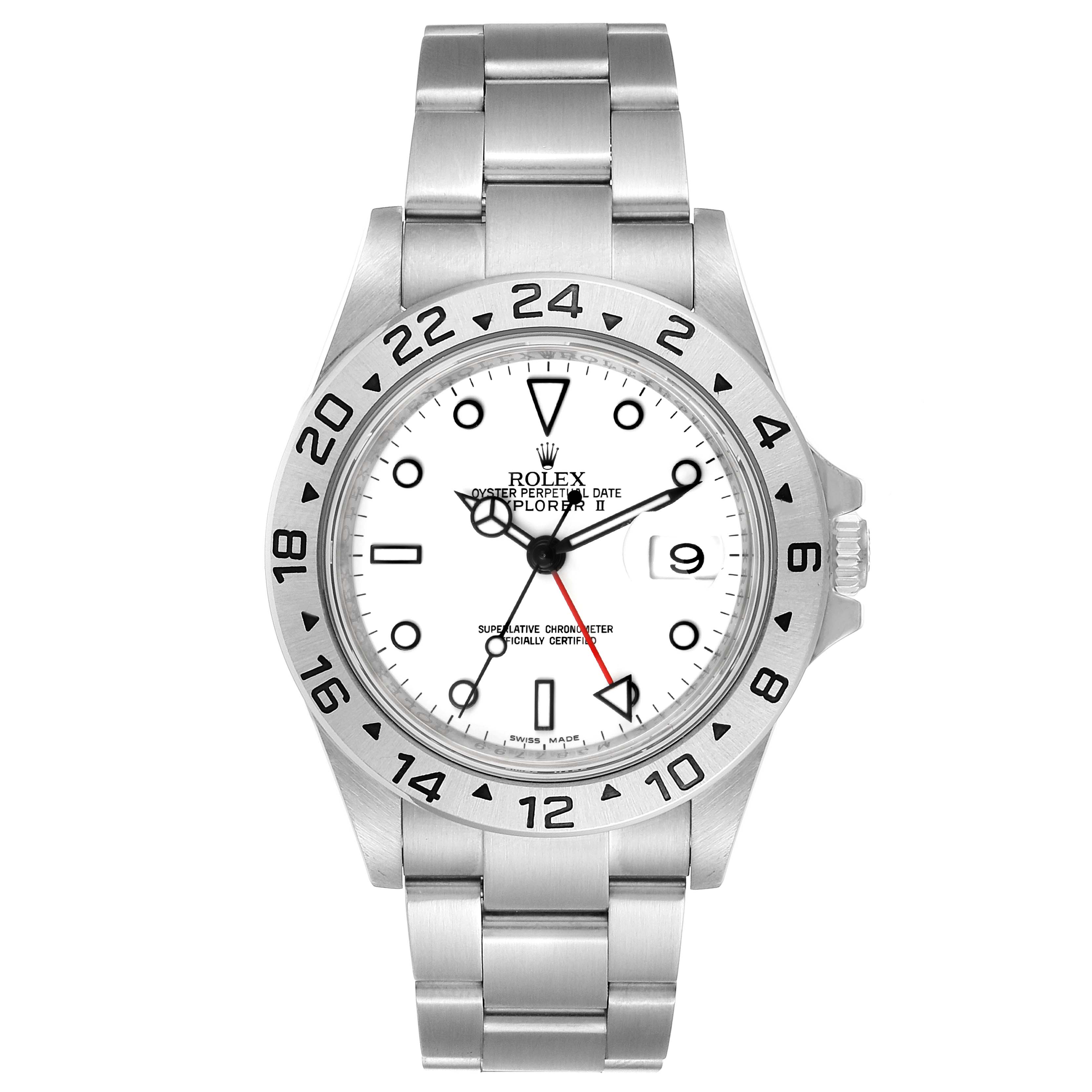 The image shows a front view of the Rolex Explorer 16570 Men
s Stainless Steel White Dial 16570 Men
s Stainless Steel White Dial watch with a stainless steel band and white dial.