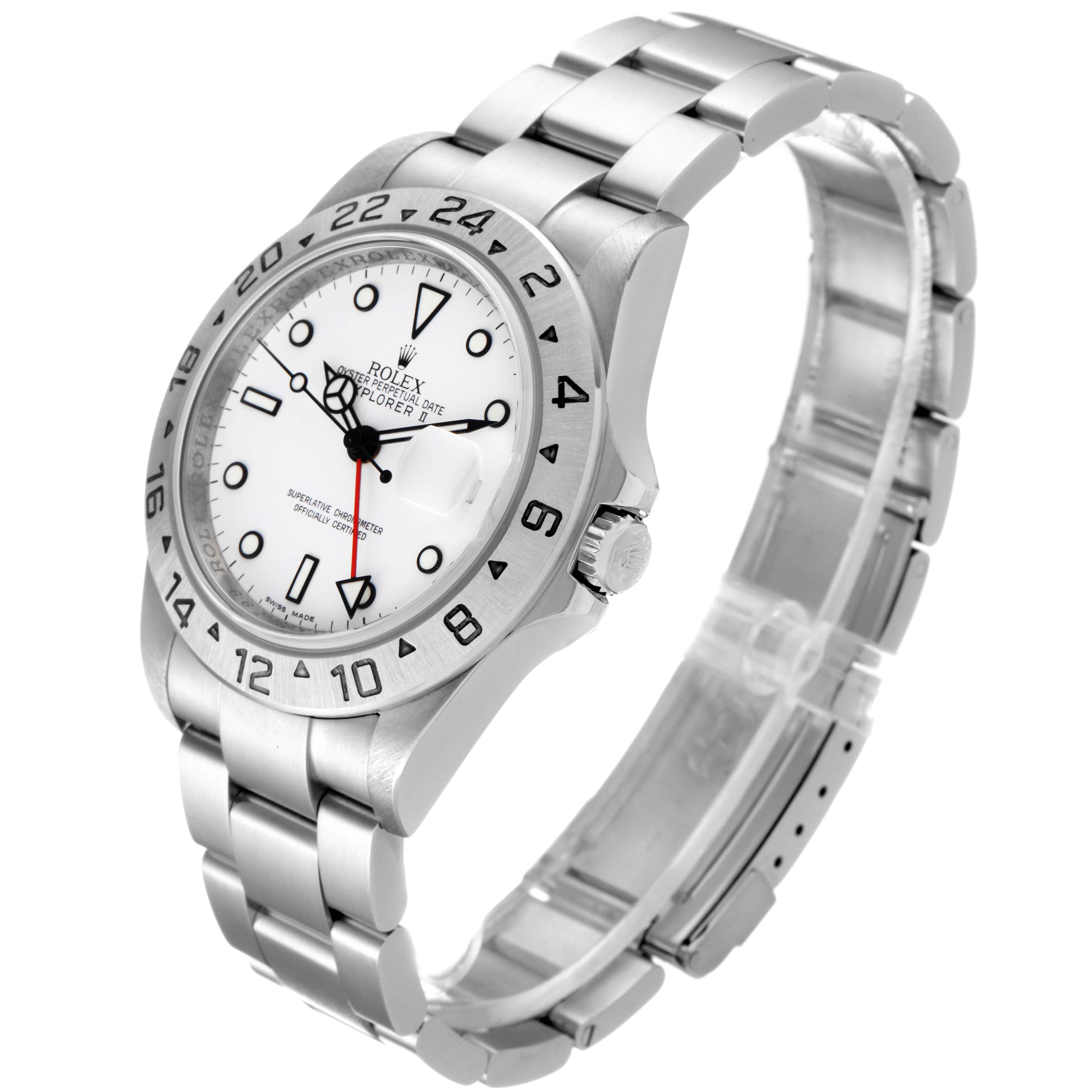 The Rolex Explorer 16570 Men
s Stainless Steel White Dial 16570 Men
s Stainless Steel White Dial watch is shown from a three-quarter angle, highlighting the dial, bezel, crown, and metal bracelet.