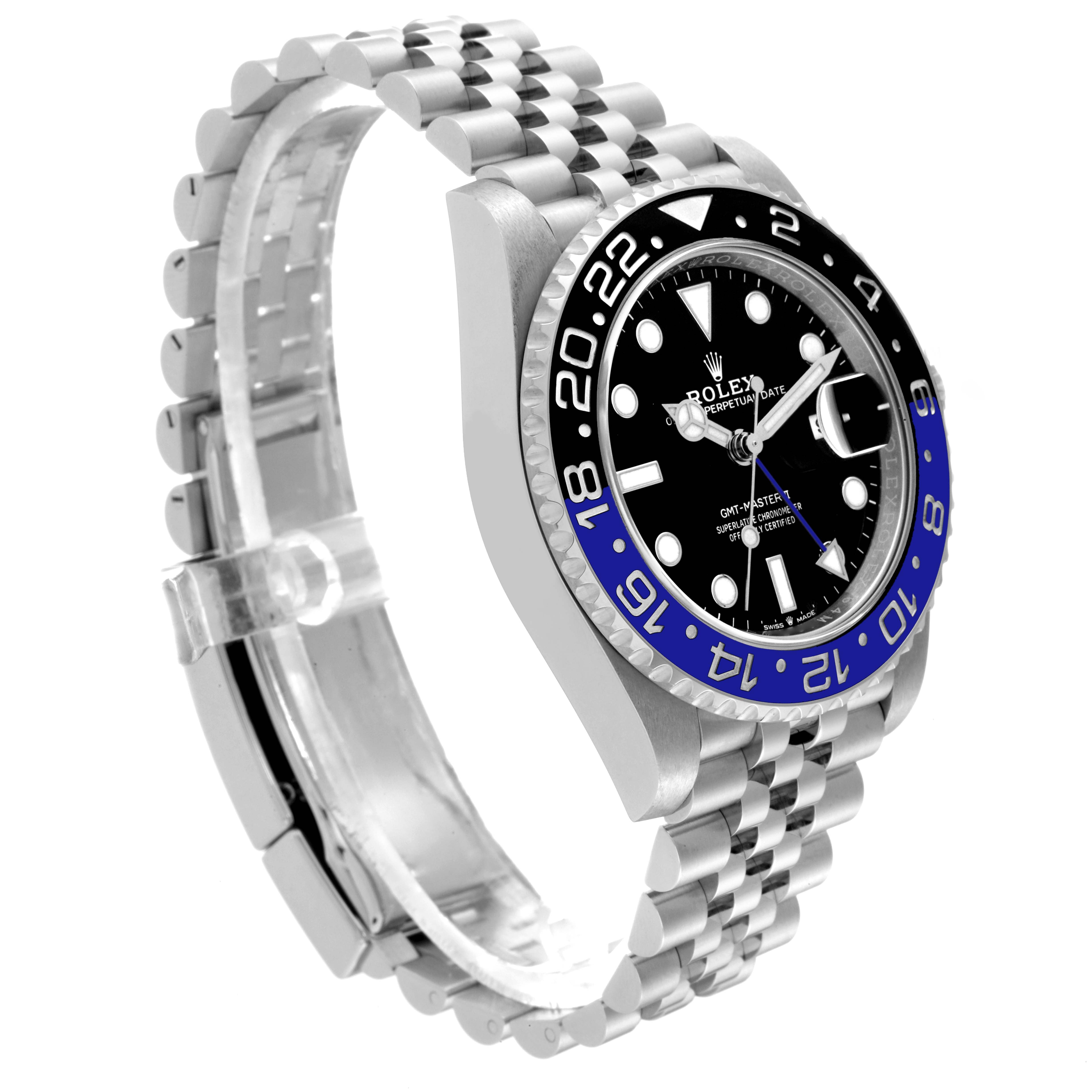 The Rolex GMT-Master 126710 Men
s Stainless Steel Black Dial 126710 Men
s Stainless Steel Black Dial watch is shown at a side angle, displaying its face, bezel, and bracelet.