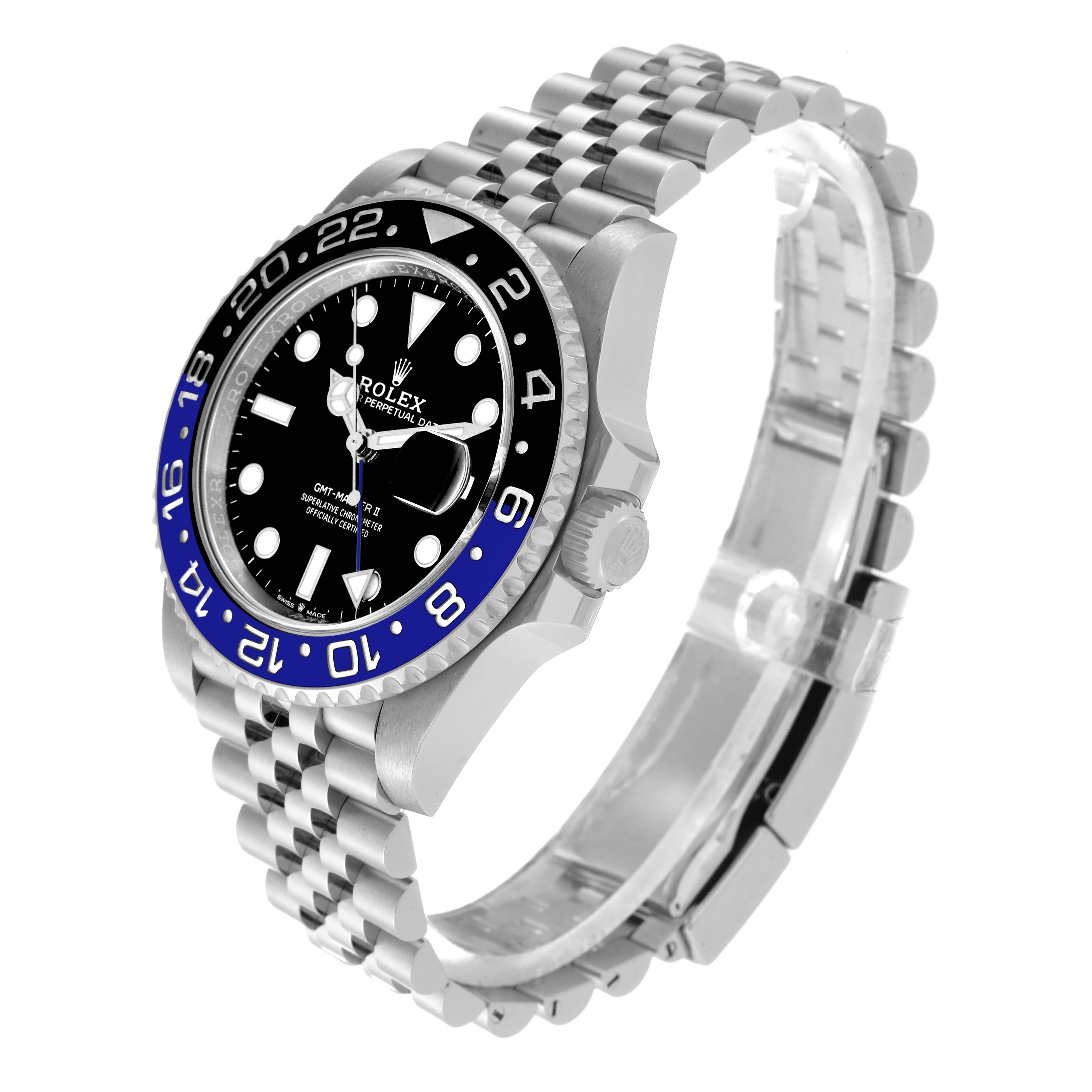 The Rolex GMT-Master 126710 Men
s Stainless Steel Black Dial 126710 Men
s Stainless Steel Black Dial watch is shown at a tilted angle, displaying the face, bezel, crown, and the jubilee bracelet band.