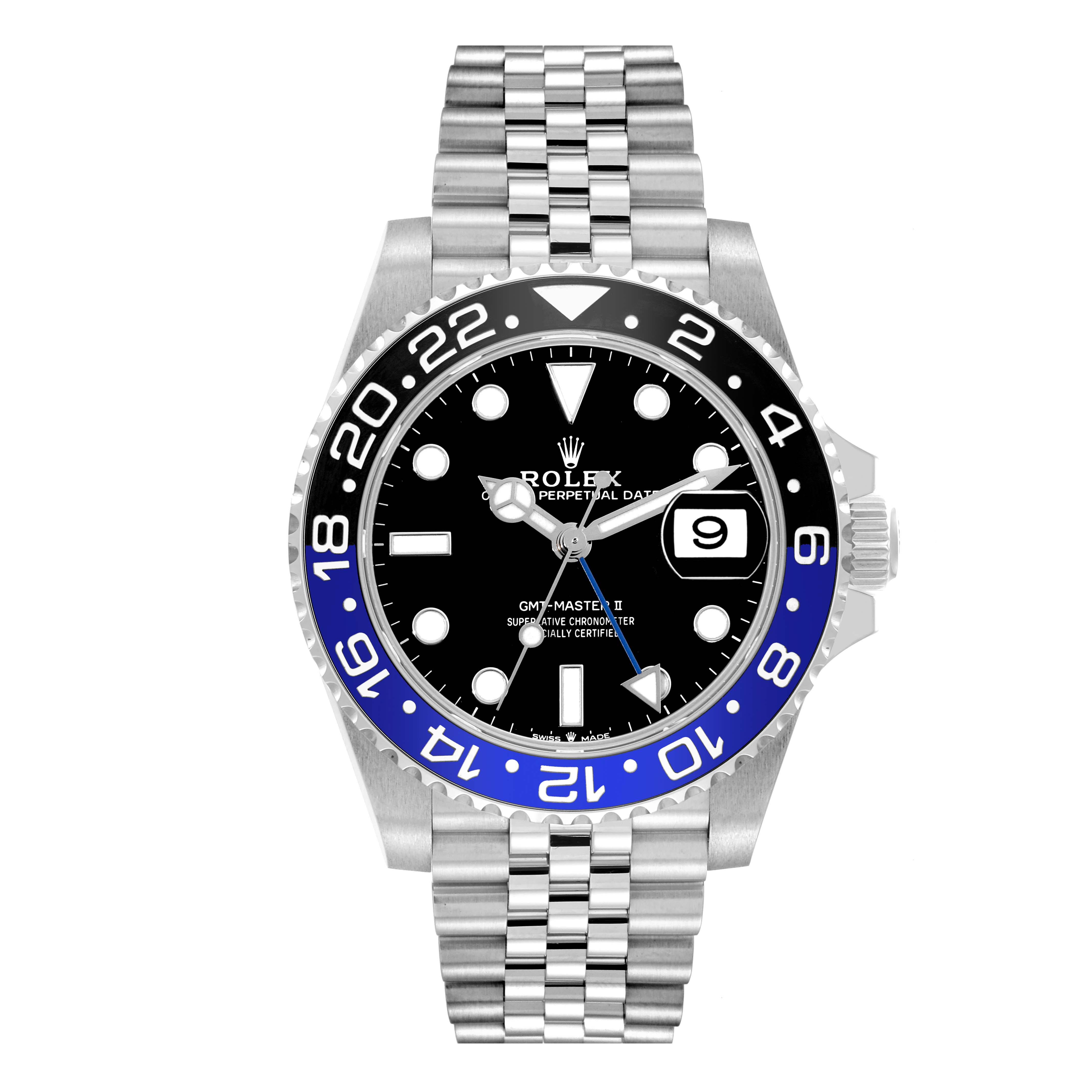 The image shows a Rolex GMT-Master 126710 Men
s Stainless Steel Black Dial 126710 Men
s Stainless Steel Black Dial watch from a front angle, highlighting its bezel, dial, date window, and stainless steel bracelet.