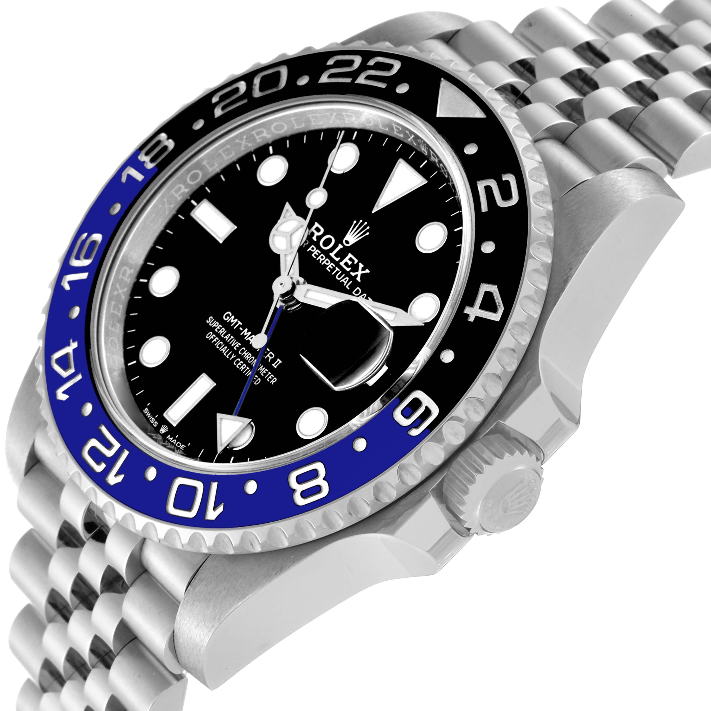 The image shows a side angle of the Rolex GMT-Master 126710 Men
s Stainless Steel Black Dial 126710 Men
s Stainless Steel Black Dial II watch, focusing on the bezel, dial, and part of the bracelet.