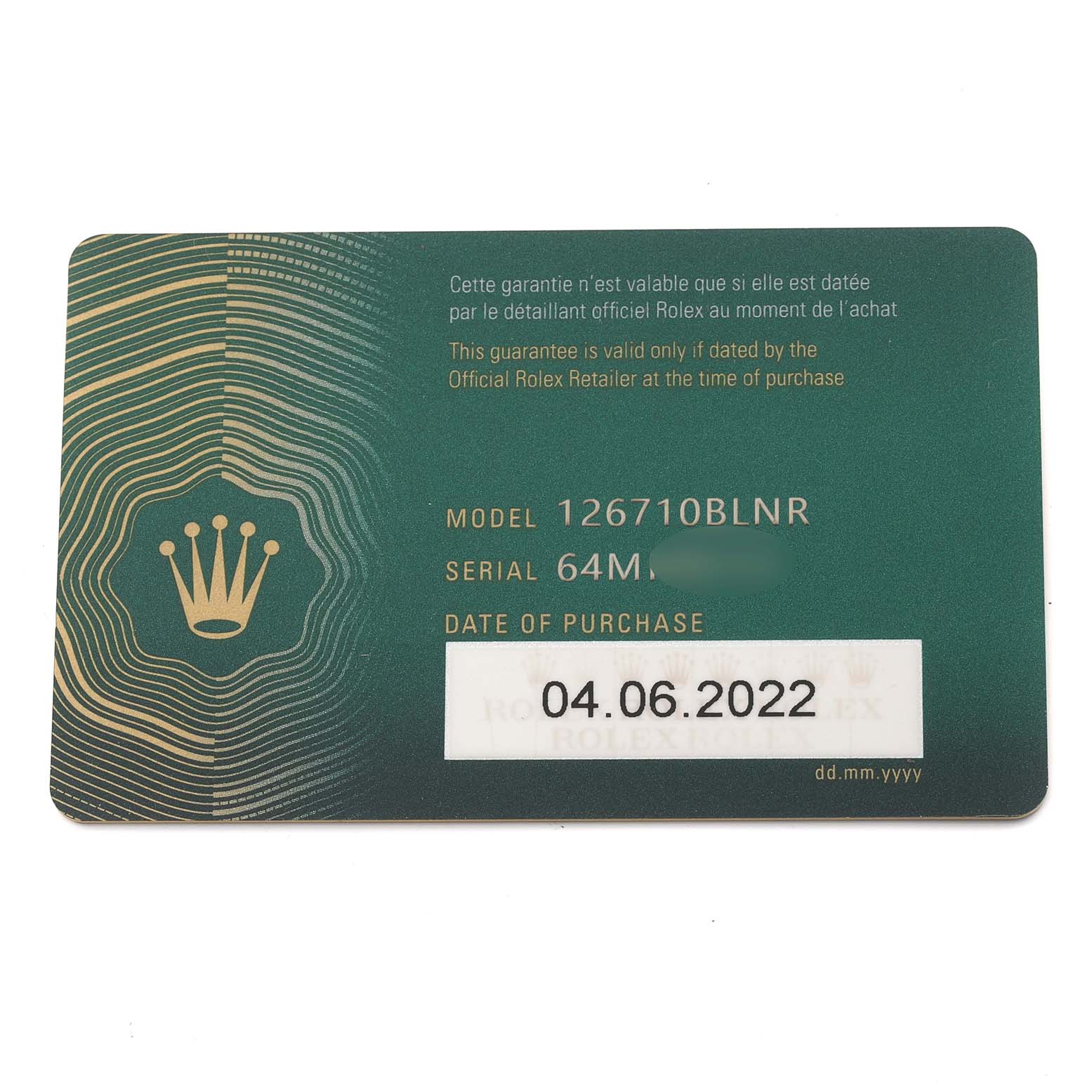 This image shows the guarantee card for the Rolex GMT-Master 126710 Men
s Stainless Steel Black Dial 126710 Men
s Stainless Steel Black Dial model 126710BLNR, including the serial number and purchase date.