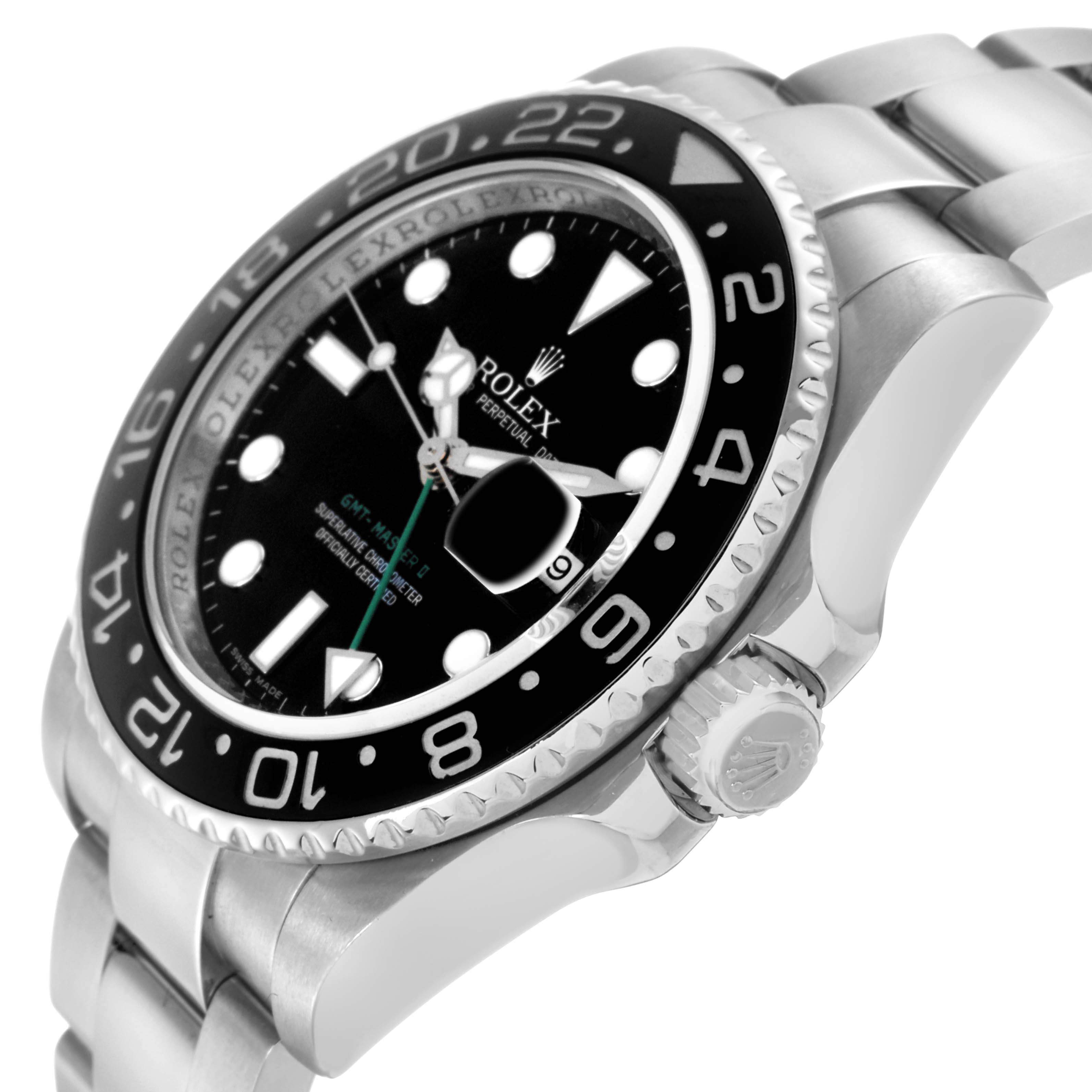 The Rolex GMT-Master 116710 Men's Stainless Steel Black Dial 116710 Men's Stainless Steel Black Dial watch is shown from a side angle, highlighting the bezel, crown, and part of the bracelet.