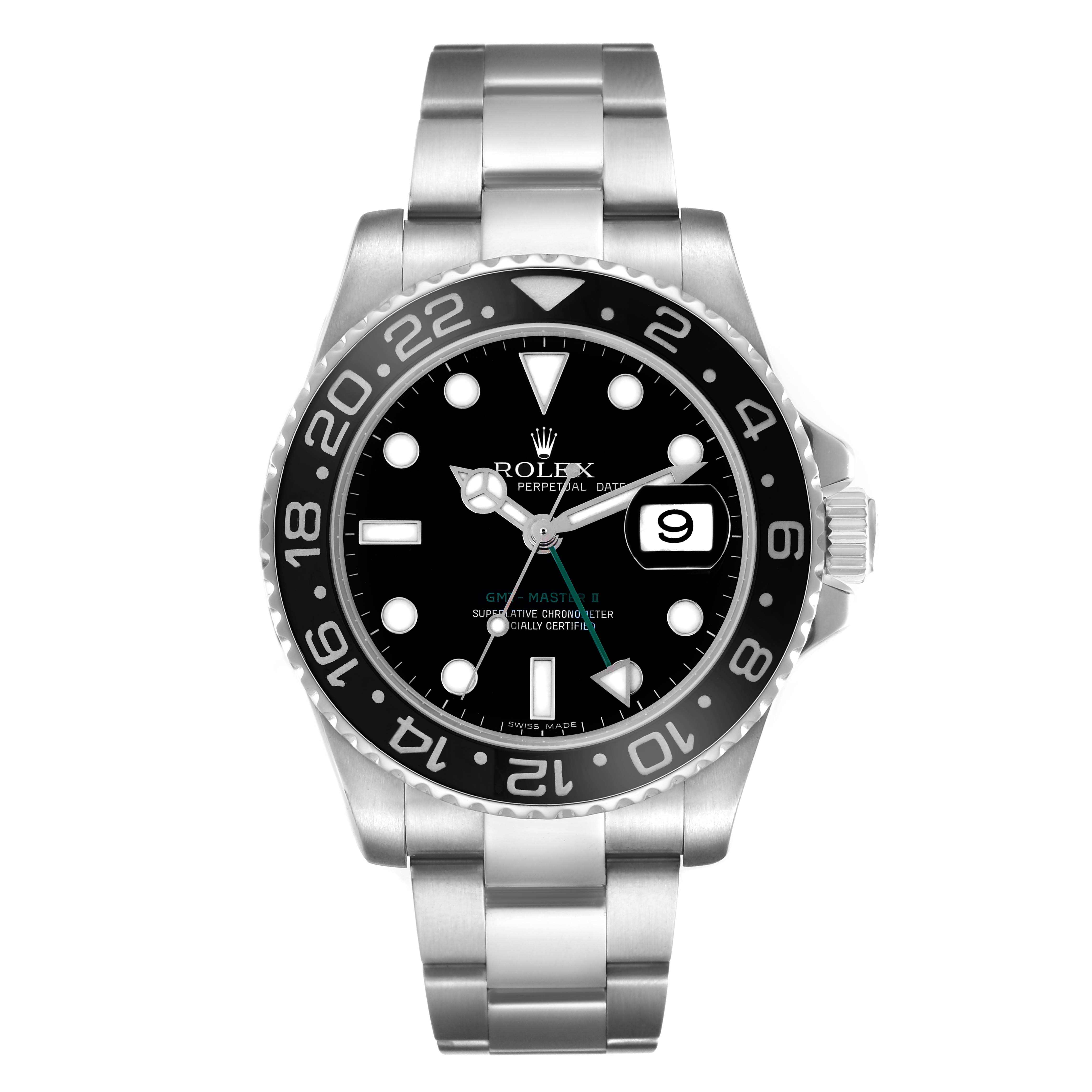 The Rolex GMT-Master 116710 Men's Stainless Steel Black Dial 116710 Men's Stainless Steel Black Dial watch is shown from a front angle, displaying the bezel, dial, hands, and bracelet.