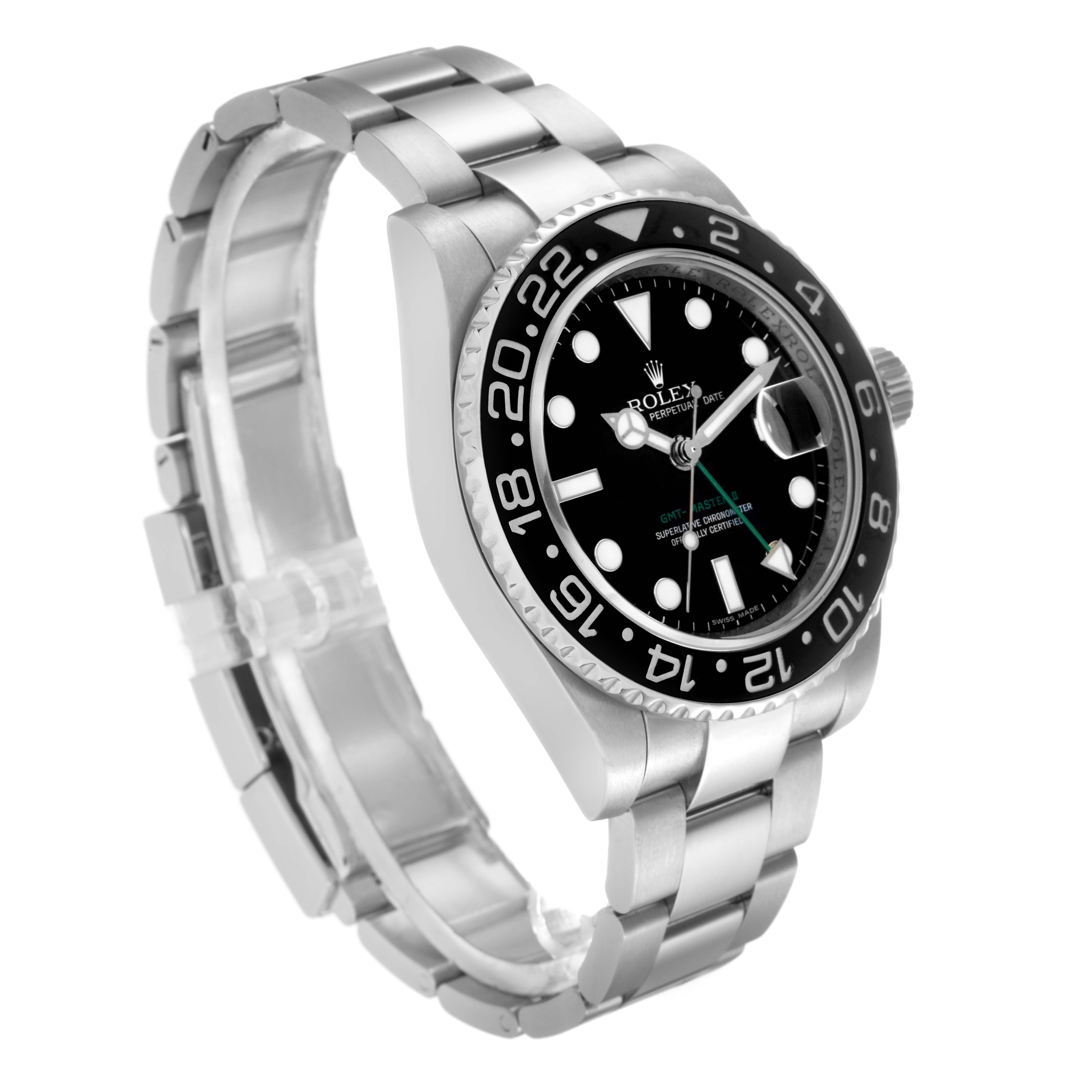 The Rolex GMT-Master 116710 Men's Stainless Steel Black Dial 116710 Men's Stainless Steel Black Dial watch is shown at a three-quarter angle, highlighting the bezel, dial, and bracelet.