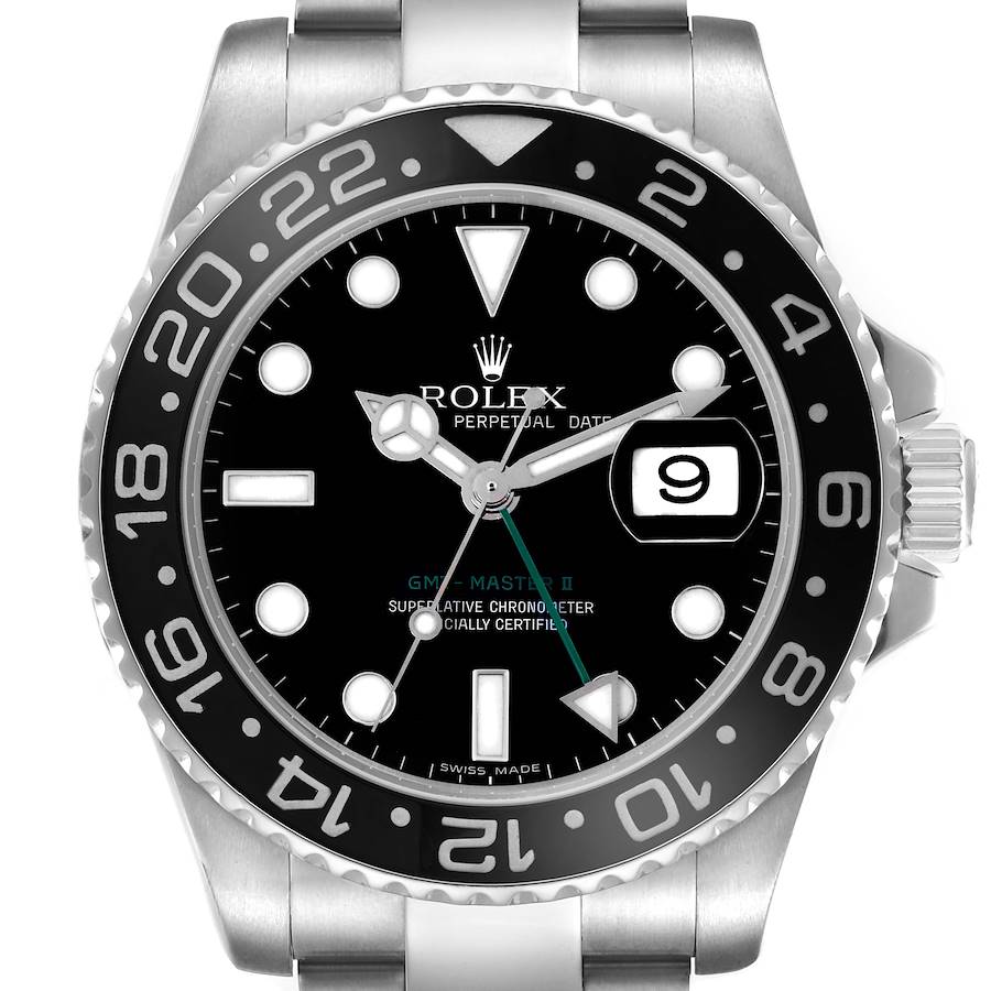 The Rolex GMT-Master watch is shown from a frontal angle, highlighting the bezel, dial, hands, crown, and date window.