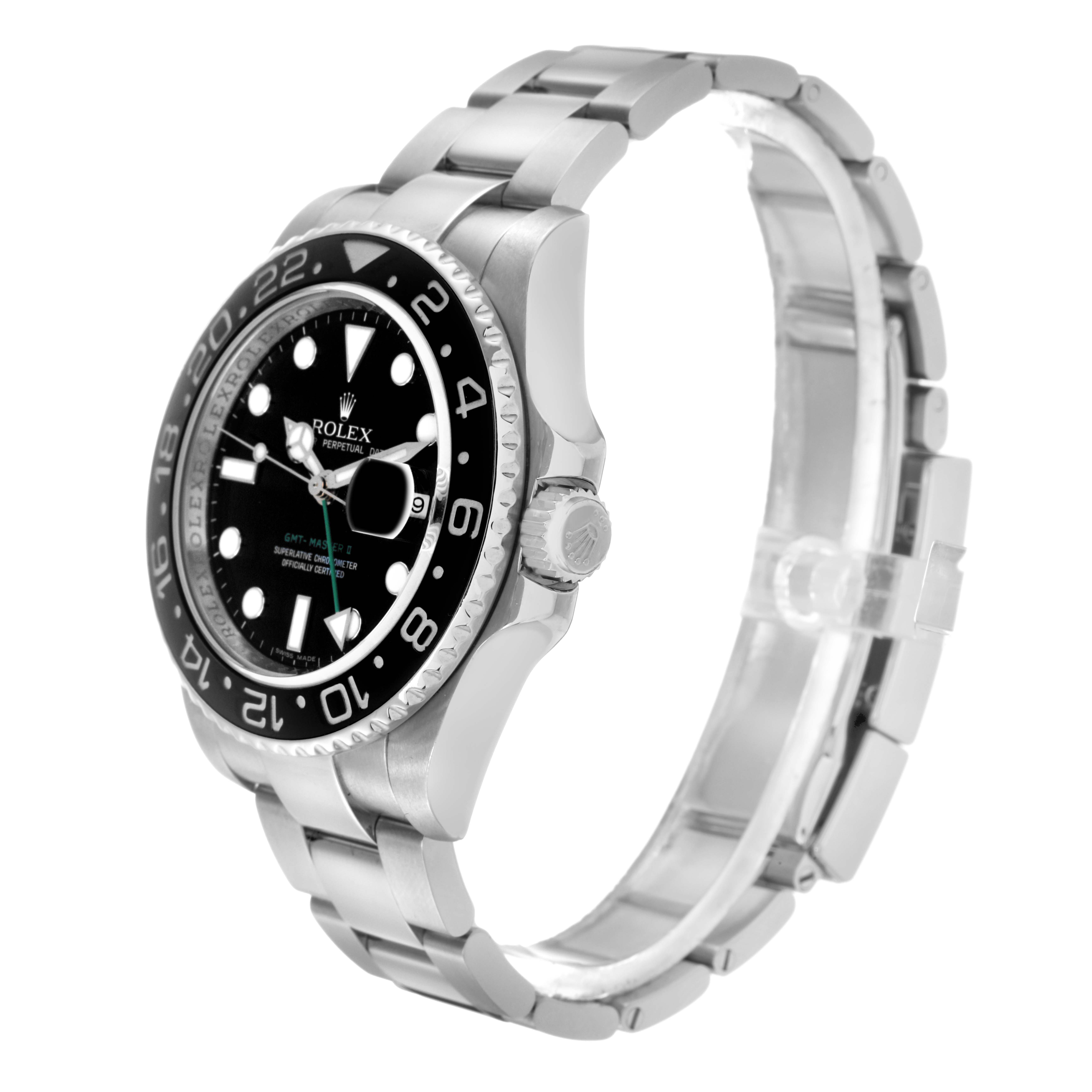 The Rolex GMT-Master 116710 Men's Stainless Steel Black Dial 116710 Men's Stainless Steel Black Dial watch is shown at a side angle, displaying the bezel, dial, crown, and bracelet.
