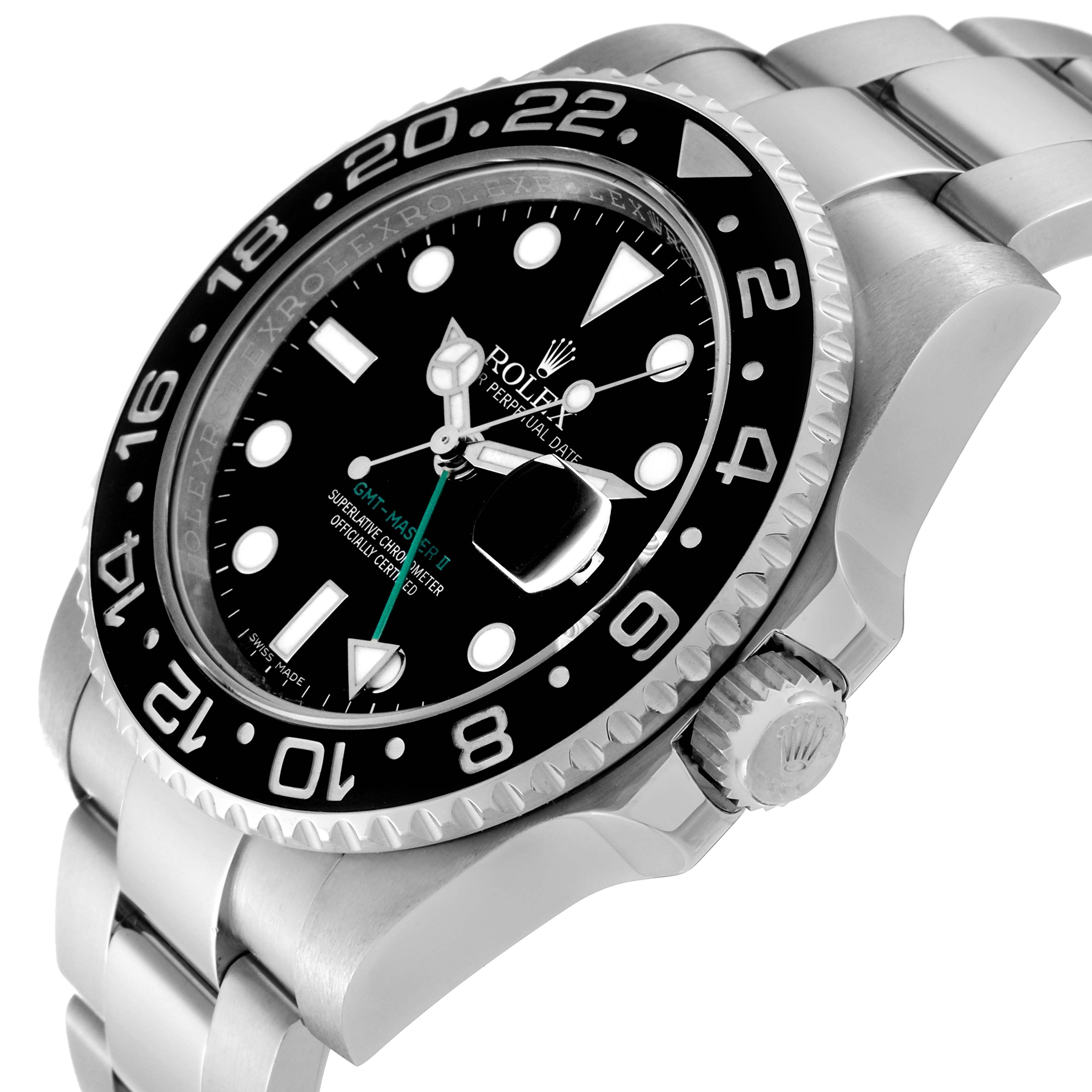 The Rolex GMT-Master 116710 Men's Stainless Steel Black Dial 116710 Men's Stainless Steel Black Dial watch is shown at an angled view, displaying the black dial, bezel, bracelet, and crown.