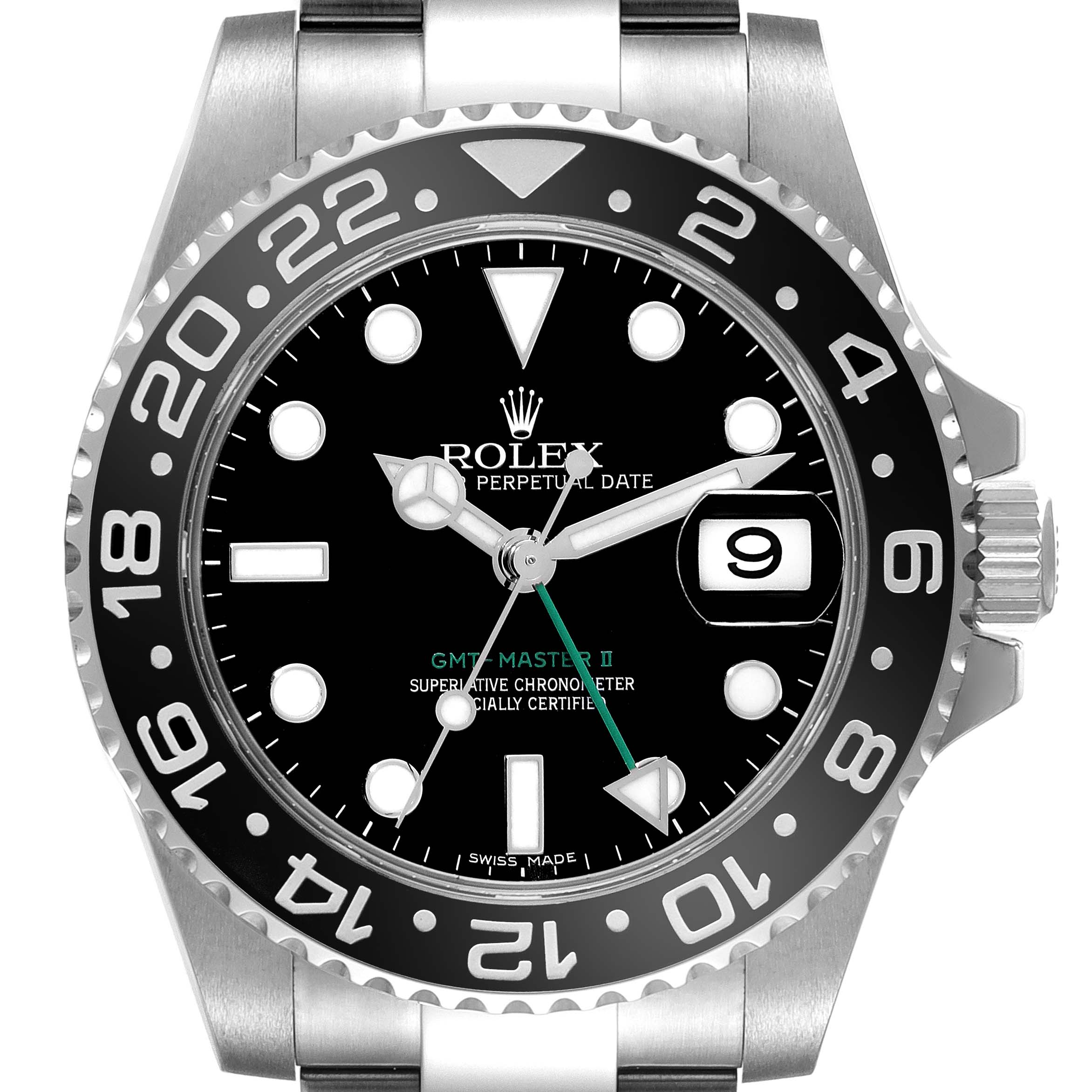 The Rolex GMT-Master 116710 Men's Stainless Steel Black Dial 116710 Men's Stainless Steel Black Dial II watch is shown from a front angle, highlighting the bezel, dial, hands, and a portion of the bracelet.