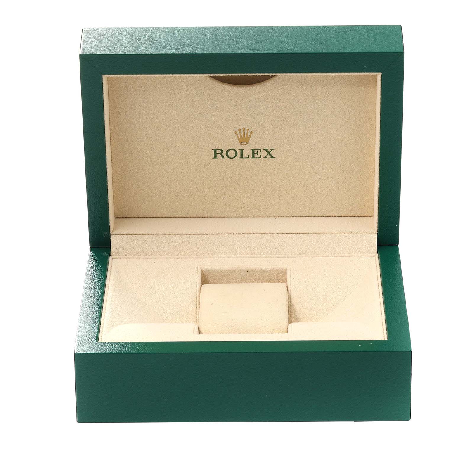 The image shows an open green and beige Rolex box, typically used for the GMT-Master model.