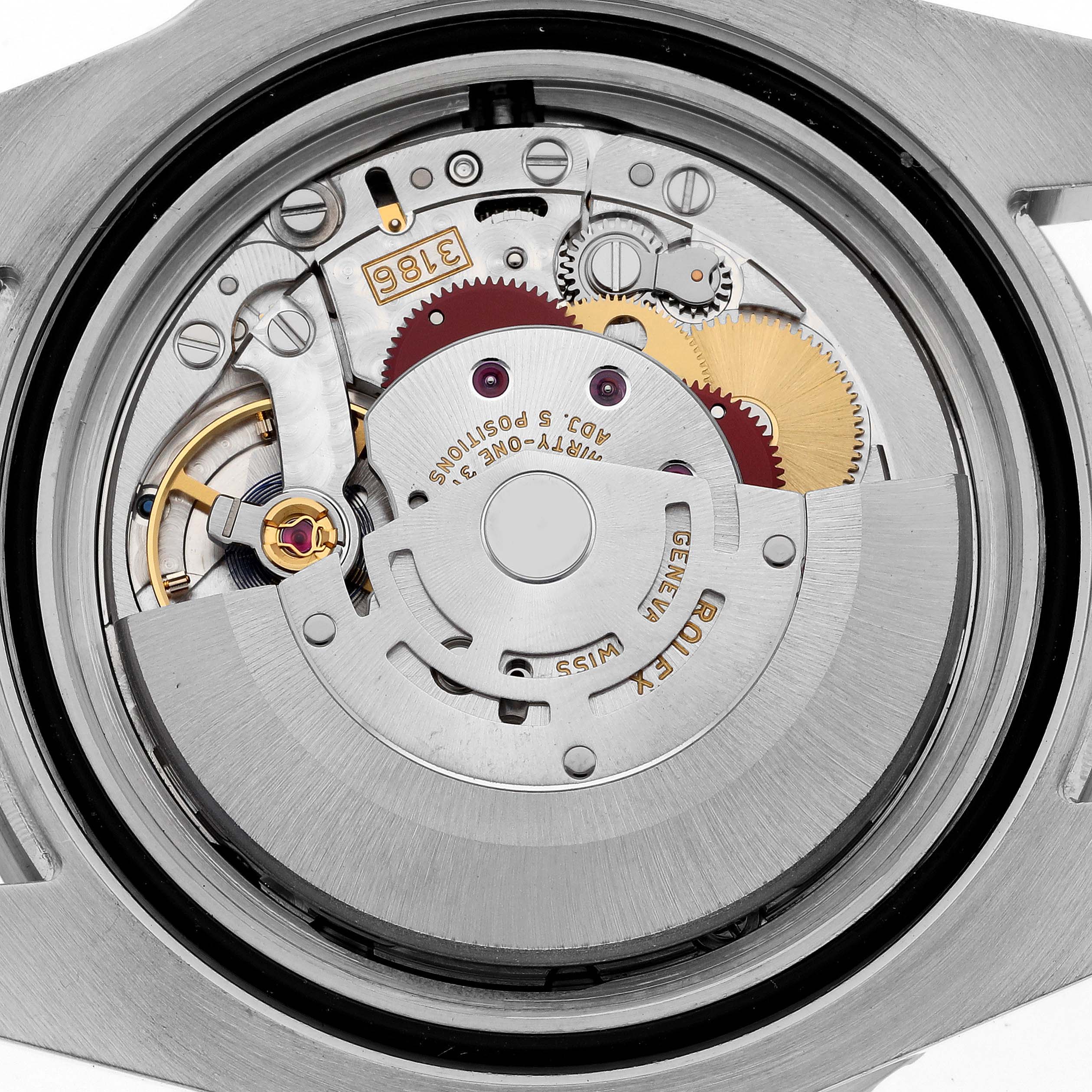 This image shows the movement mechanism of a Rolex GMT-Master 116710 Men's Stainless Steel Black Dial 116710 Men's Stainless Steel Black Dial watch from a rear, transparent caseback angle.
