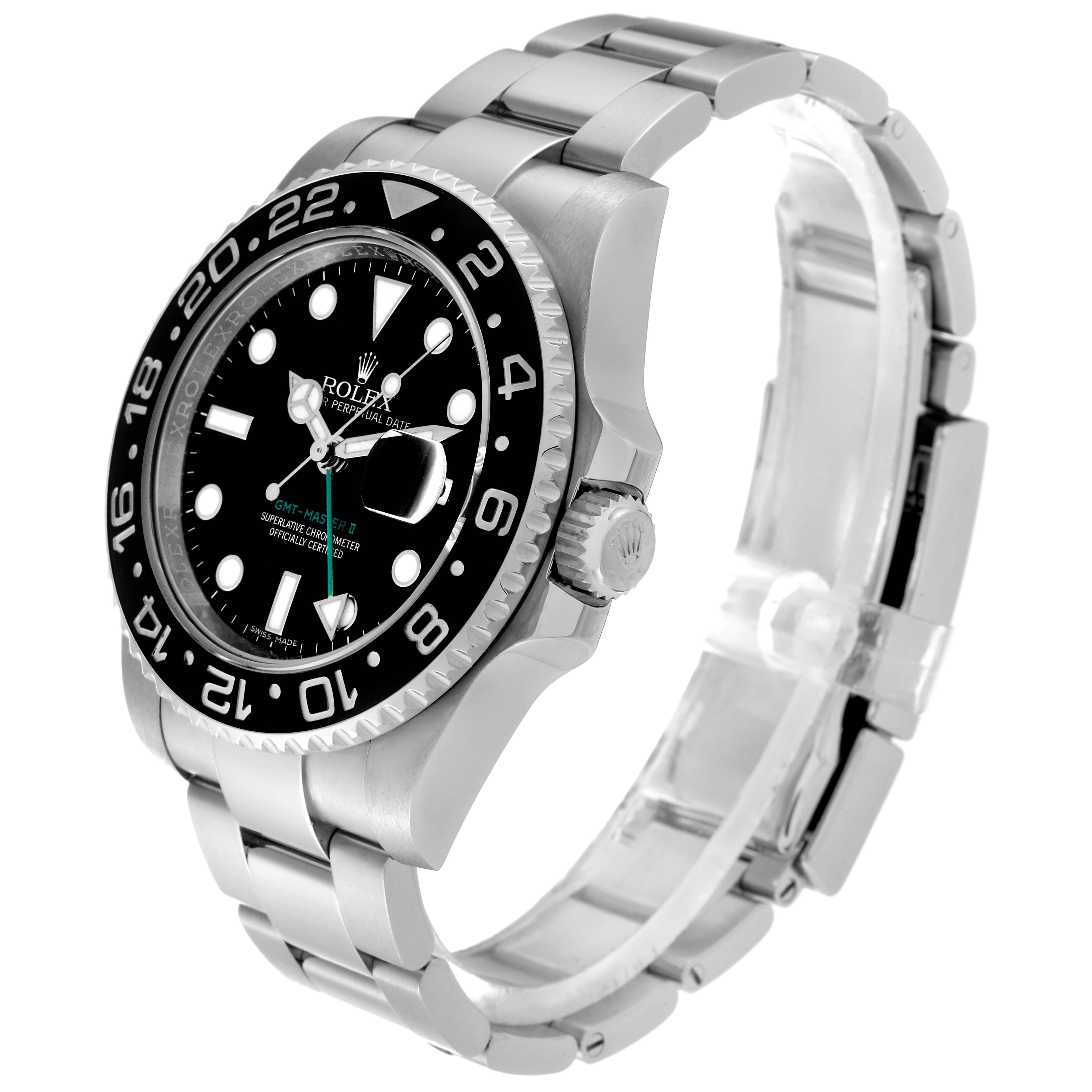 The image shows a side and partial front view of a Rolex GMT-Master 116710 Men's Stainless Steel Black Dial 116710 Men's Stainless Steel Black Dial watch, highlighting the bezel, dial, crown, and bracelet.