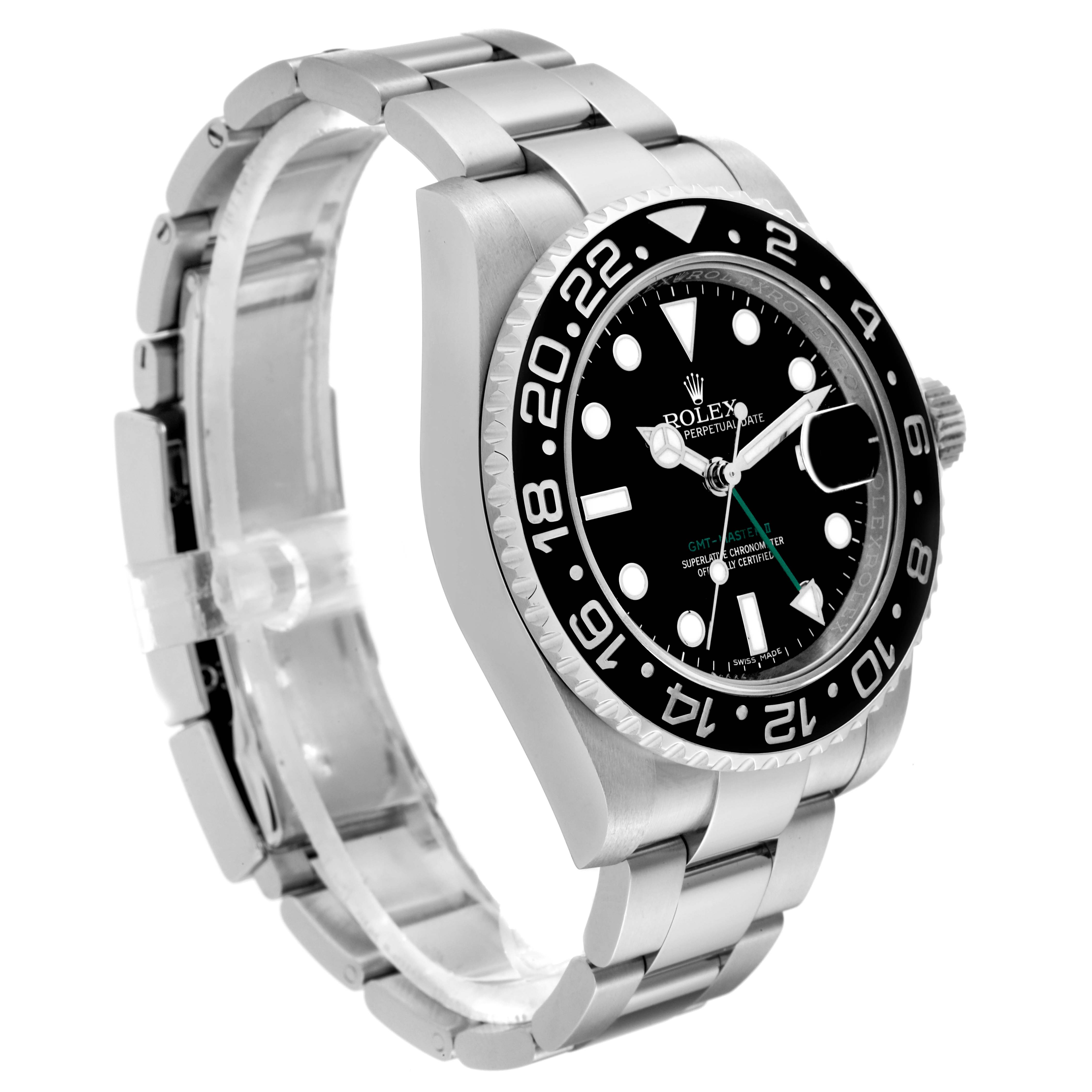 The image shows a Rolex GMT-Master 116710 Men's Stainless Steel Black Dial 116710 Men's Stainless Steel Black Dial watch at a three-quarter angle, highlighting the bracelet, bezel, and dial.