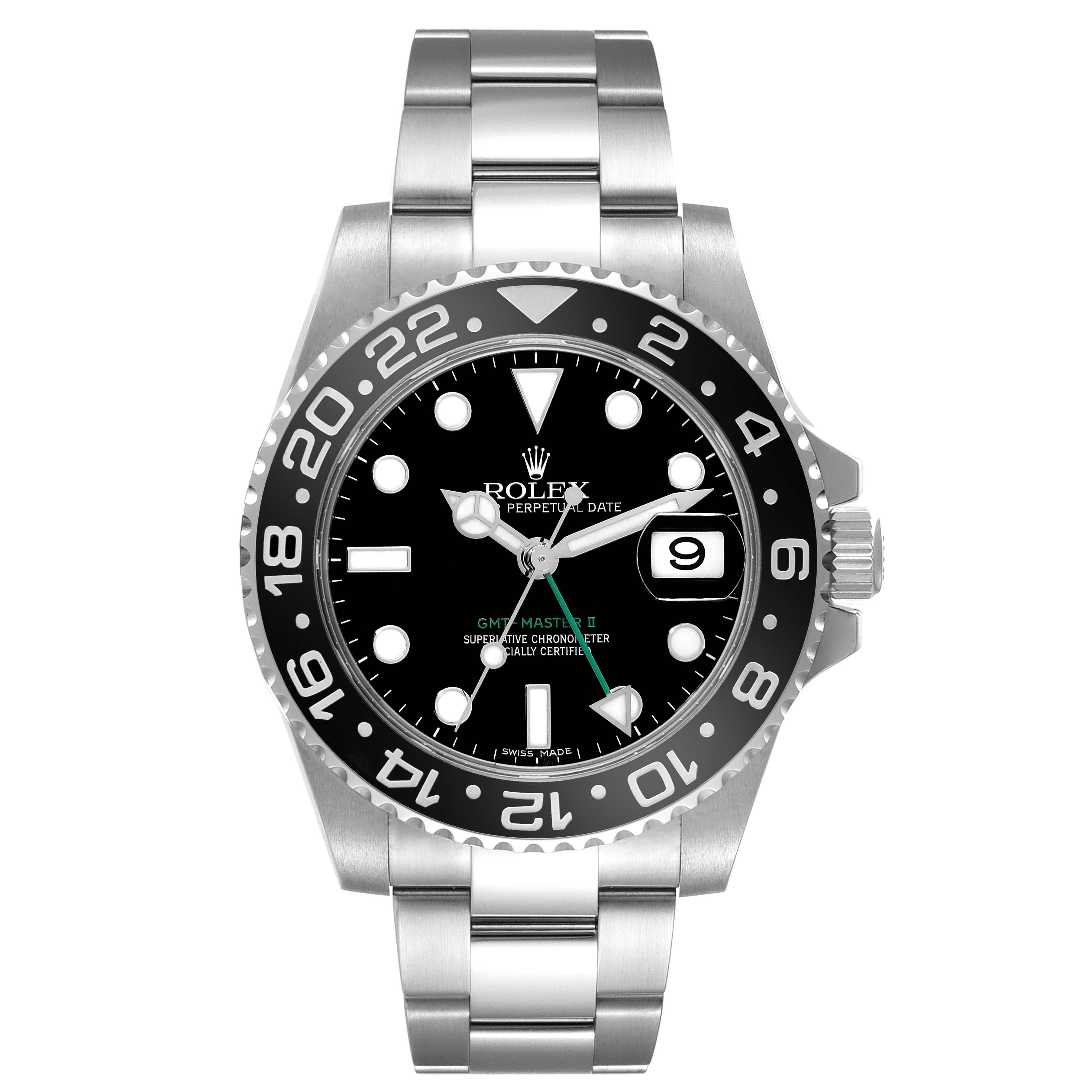 This image shows a frontal view of a Rolex GMT-Master 116710 Men's Stainless Steel Black Dial 116710 Men's Stainless Steel Black Dial II watch, displaying the dial, bezel, bracelet, and date window.
