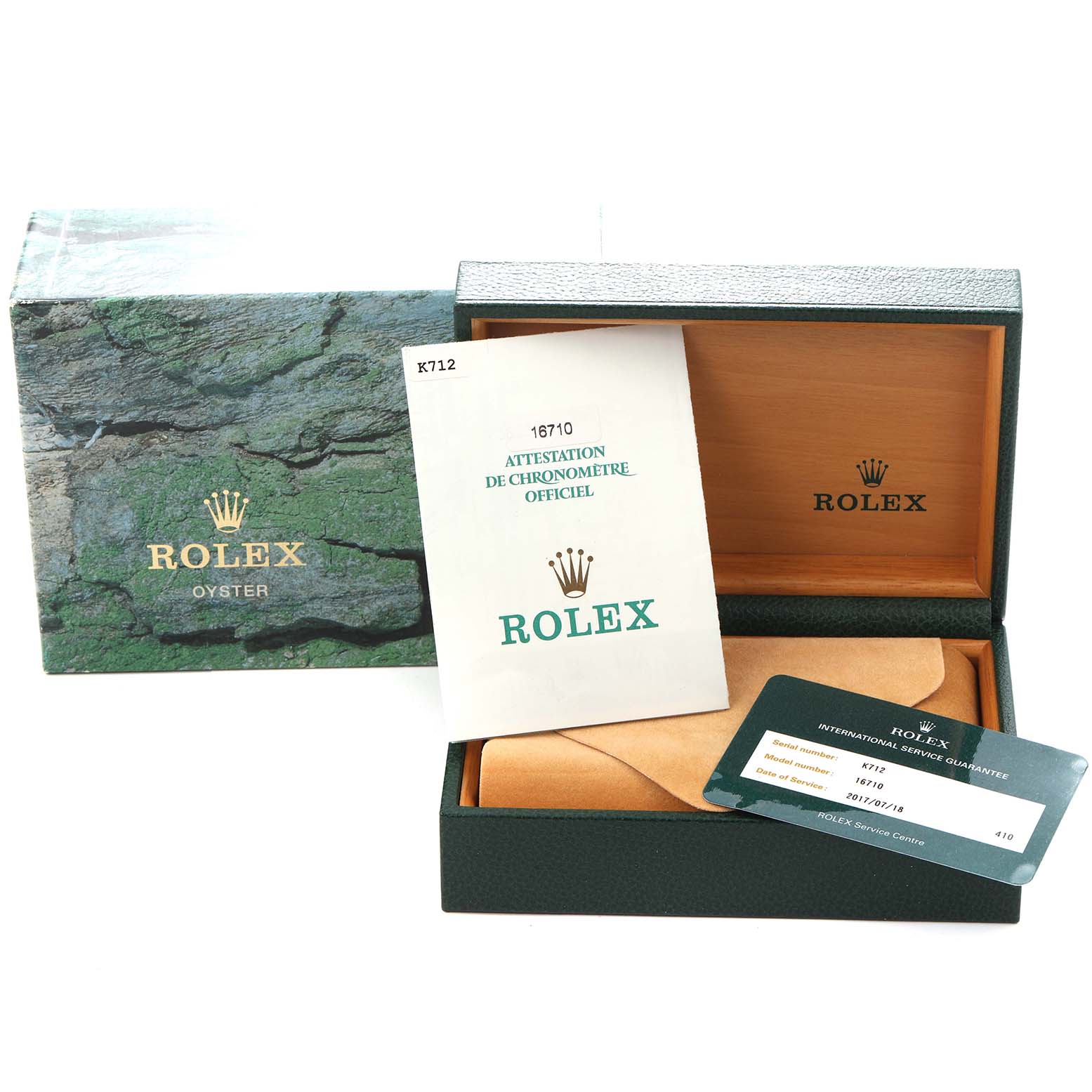 The image shows the packaging and documents of a Rolex GMT-Master 16710 Men's Stainless Steel Black Dial 16710 Men's Stainless Steel Black Dial, including the box, certificate, and warranty card.