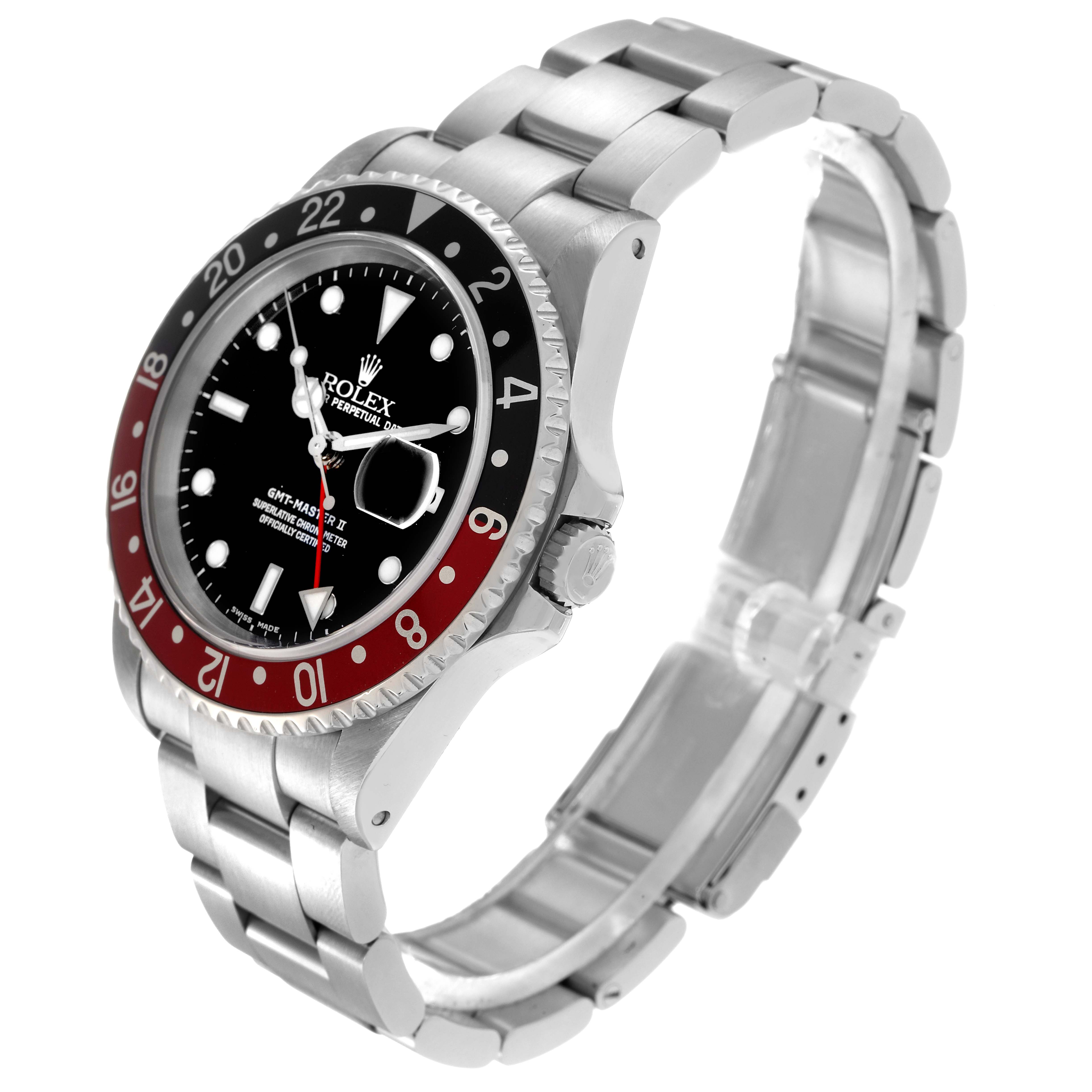 The Rolex GMT-Master 16710 Men's Stainless Steel Black Dial 16710 Men's Stainless Steel Black Dial watch is shown at a three-quarter angle, highlighting its bezel, dial, crown, and bracelet.