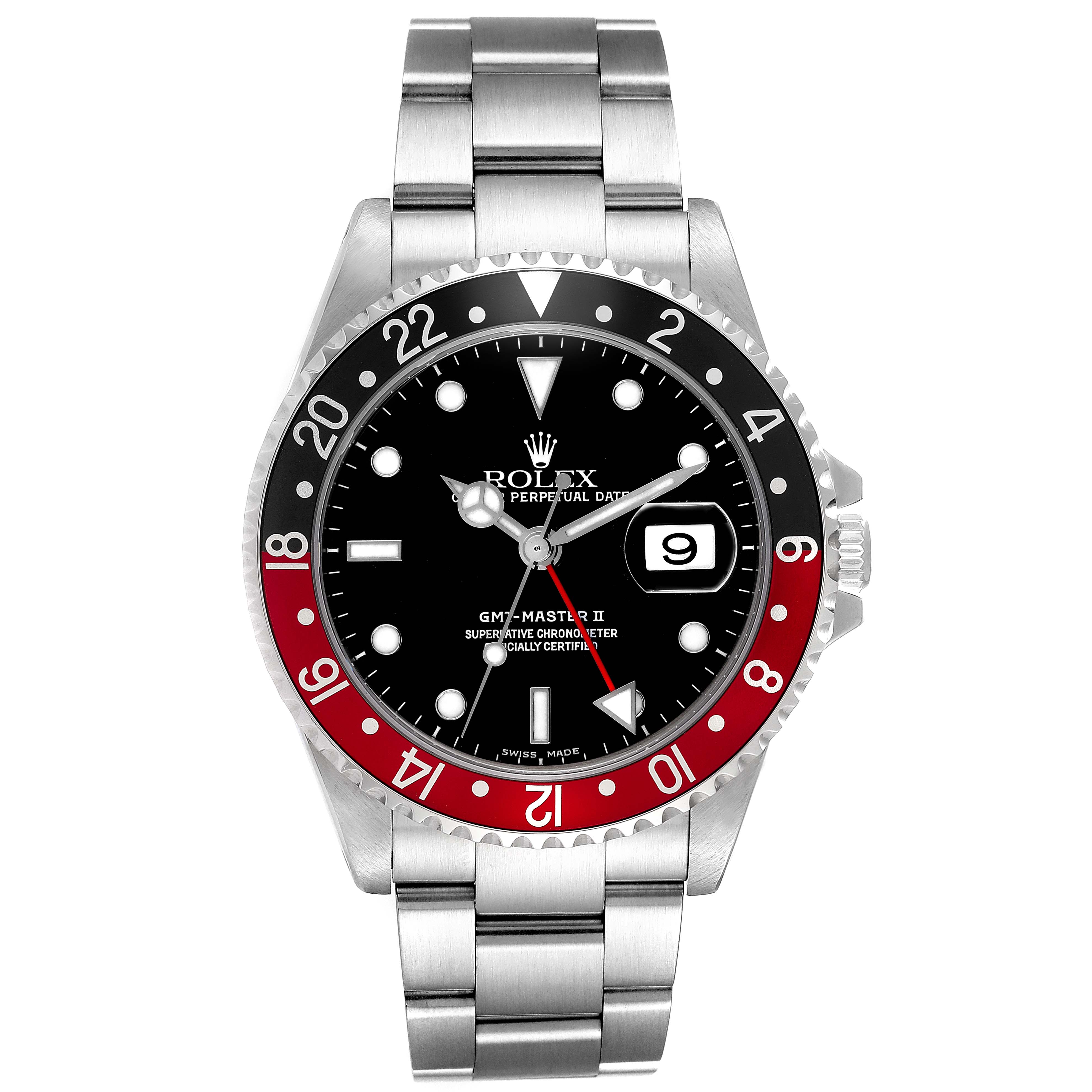 The Rolex GMT-Master 16710 Men's Stainless Steel Black Dial 16710 Men's Stainless Steel Black Dial watch is shown from a front angle, displaying the bezel, dial, hands, and bracelet clearly.