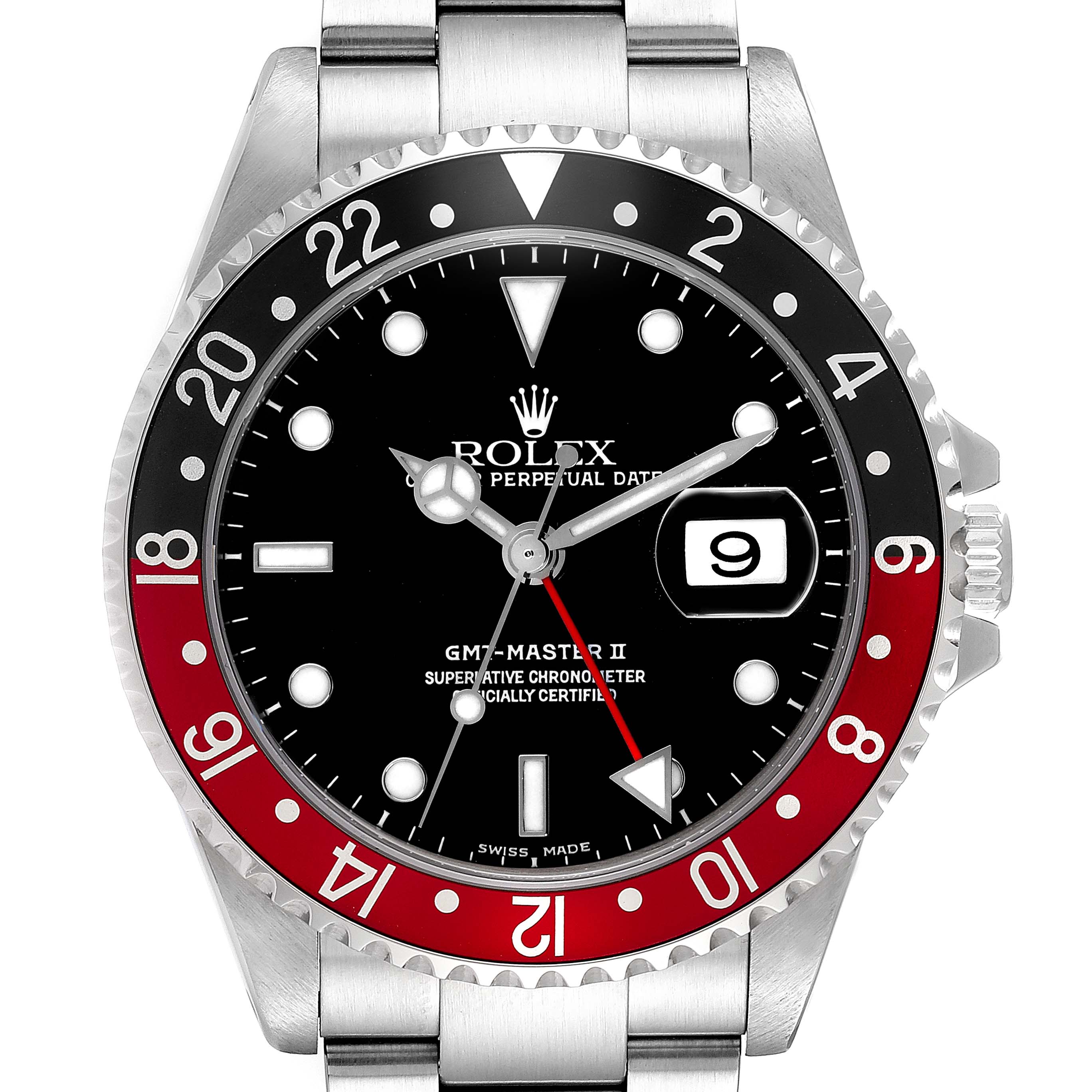 The Rolex GMT-Master 16710 Men's Stainless Steel Black Dial 16710 Men's Stainless Steel Black Dial II watch is shown from a front view, highlighting the bezel, dial, and bracelet.