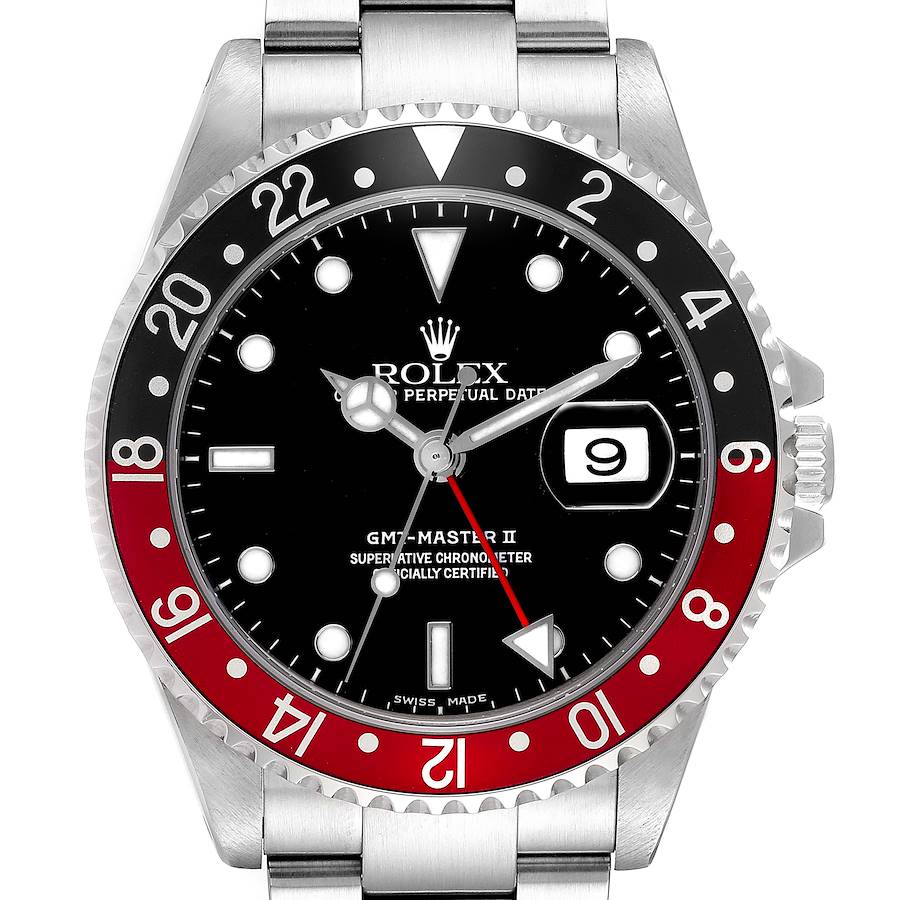 The Rolex GMT-Master II watch is shown from a front view, highlighting the bezel, dial, and bracelet.