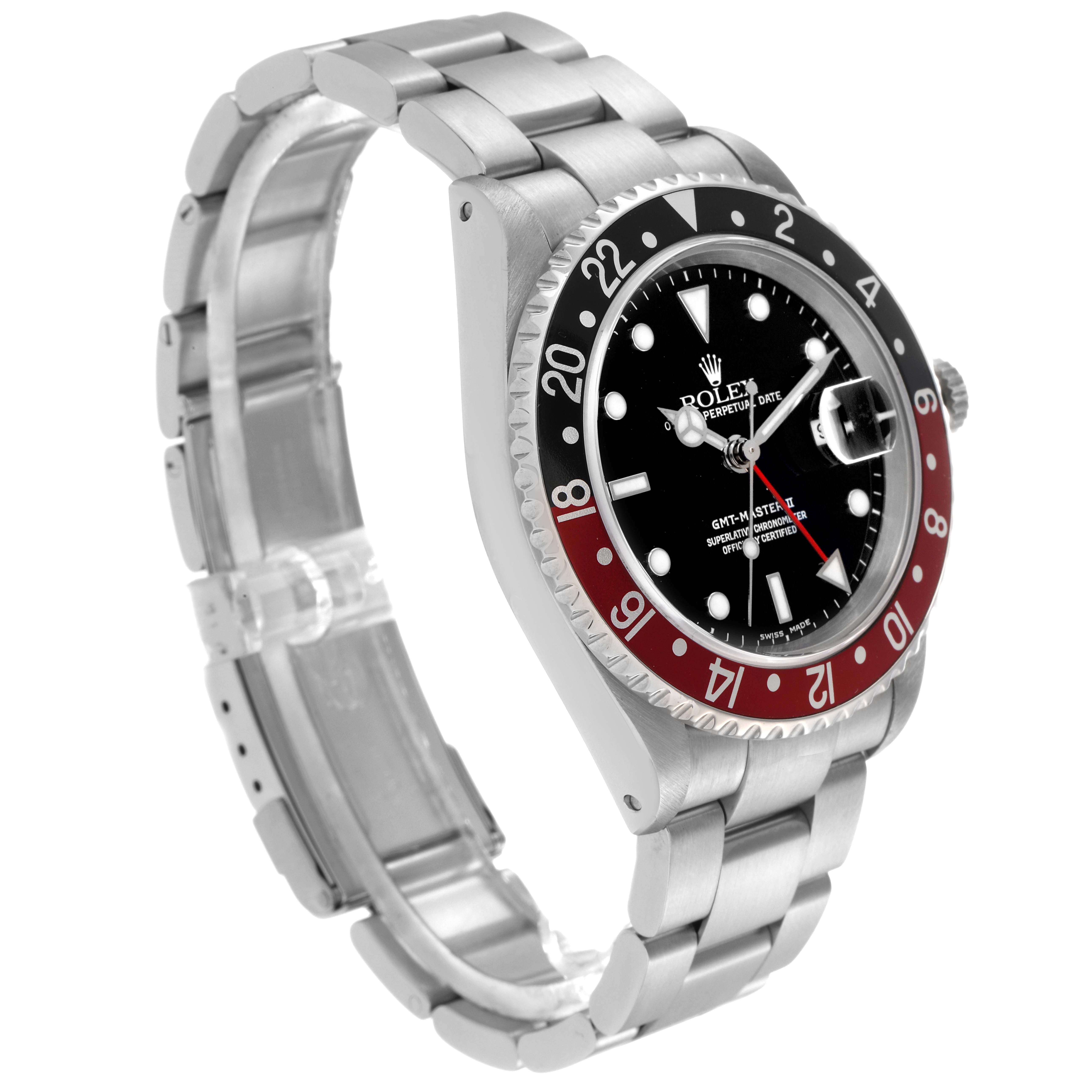 The Rolex GMT-Master 16710 Men's Stainless Steel Black Dial 16710 Men's Stainless Steel Black Dial watch is shown at a three-quarter angle, displaying the face, bezel, crown, and bracelet links.