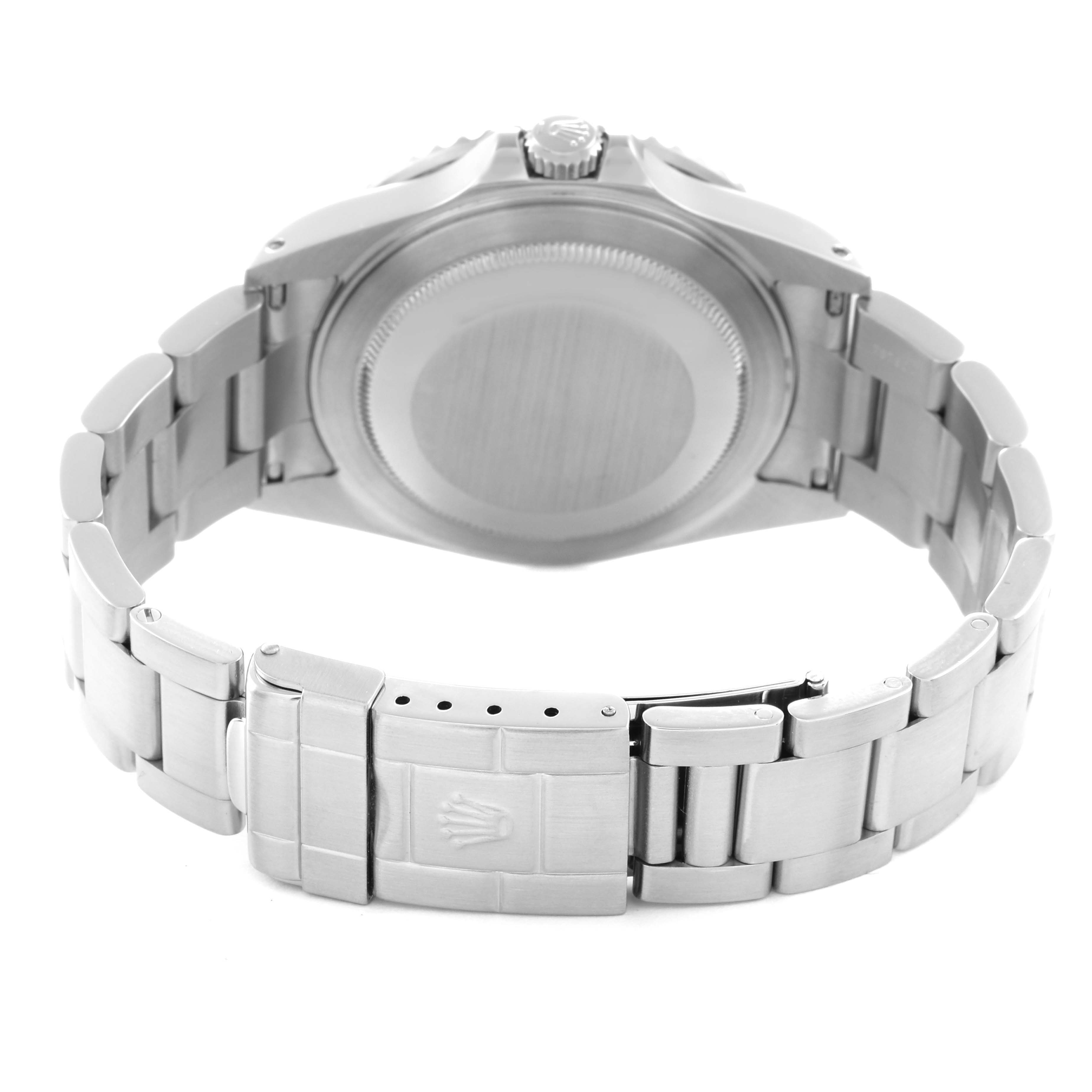 The image shows the back view of a Rolex GMT-Master 16710 Men's Stainless Steel Black Dial 16710 Men's Stainless Steel Black Dial, highlighting the case back and bracelet with the clasp open.