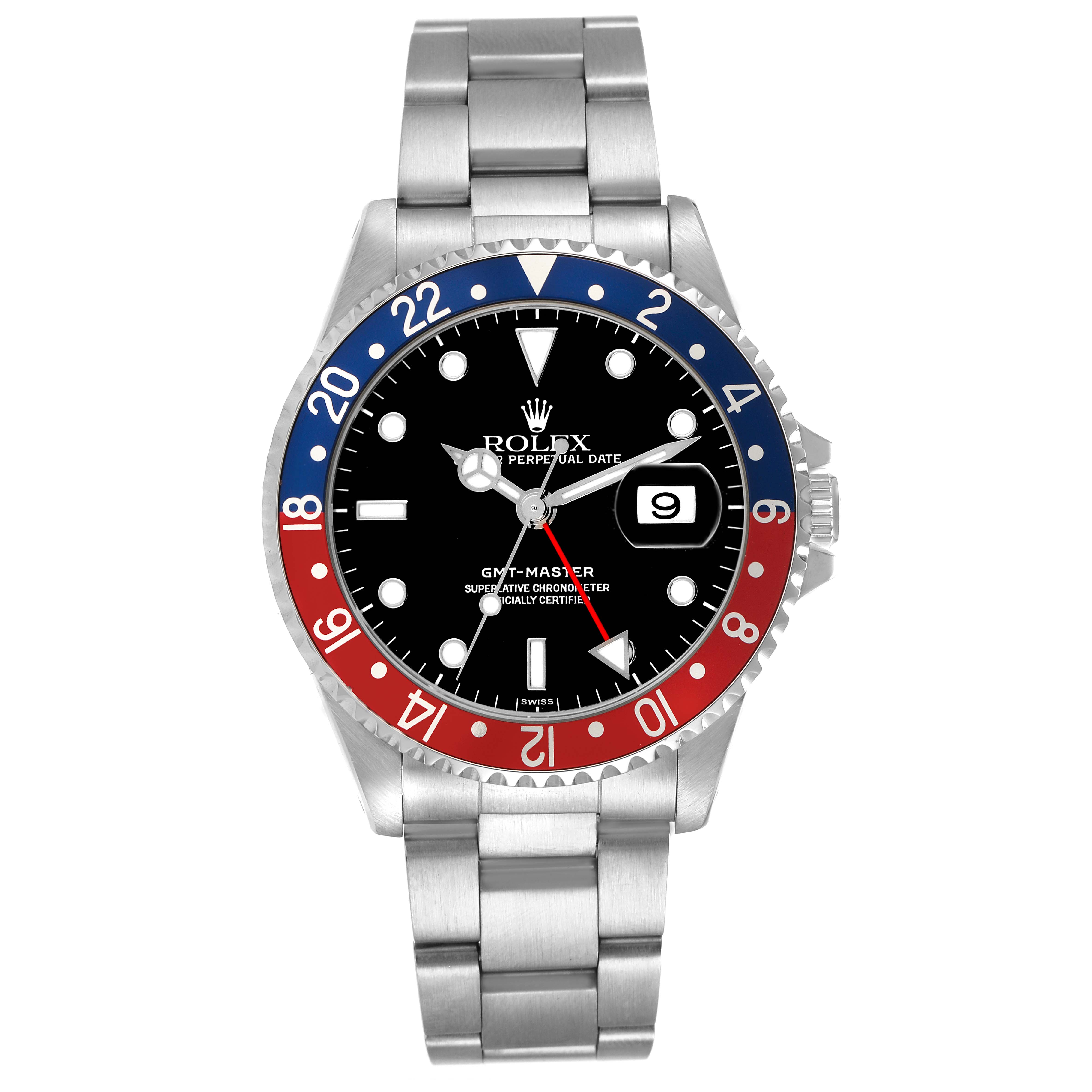 The image shows a front view of the Rolex GMT-Master 16700 Men's Stainless Steel Black Dial 16700 Men's Stainless Steel Black Dial, highlighting the bezel, dial, date, and bracelet.
