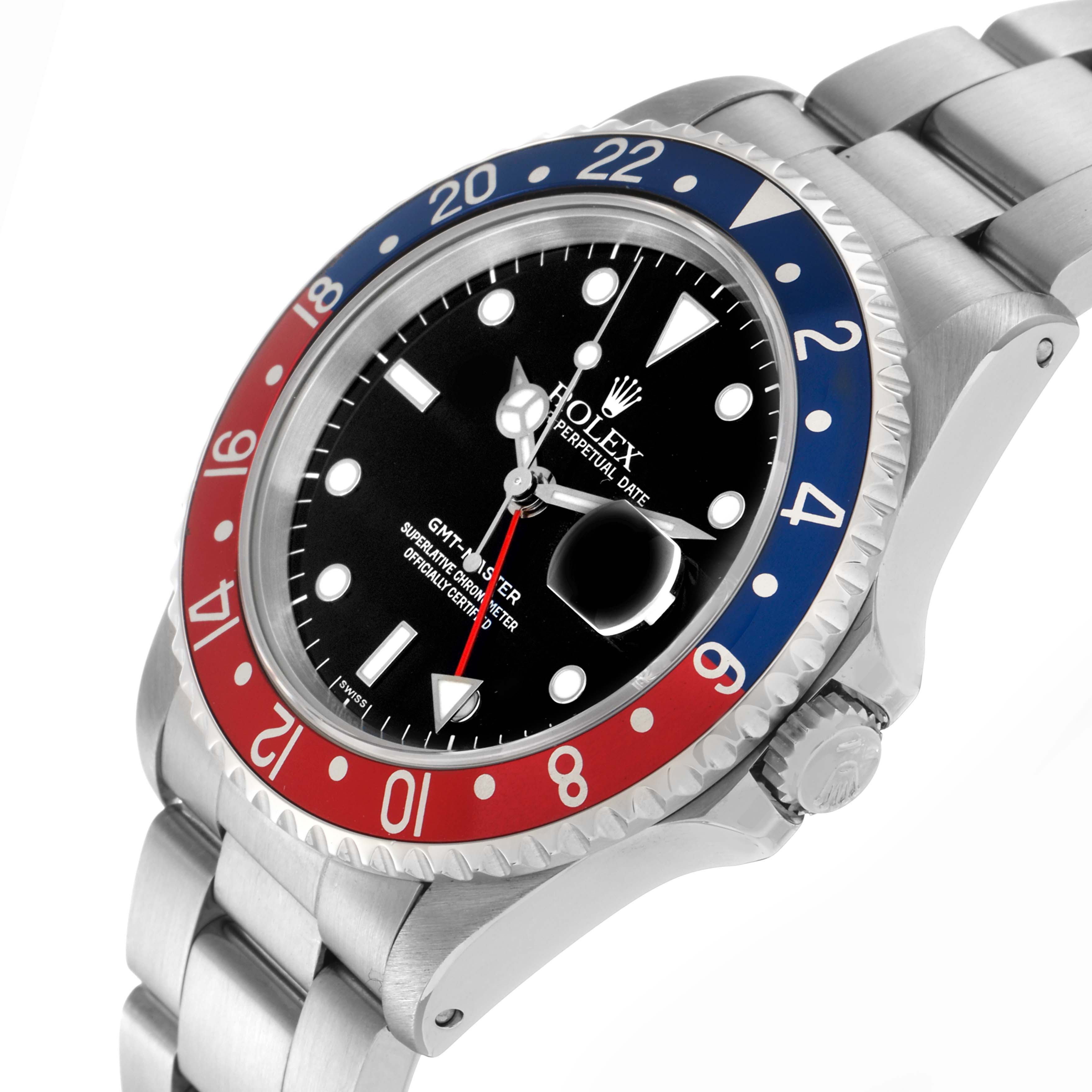 The Rolex GMT-Master 16700 Men's Stainless Steel Black Dial 16700 Men's Stainless Steel Black Dial is shown at an angle highlighting the bezel, dial, and part of the bracelet.