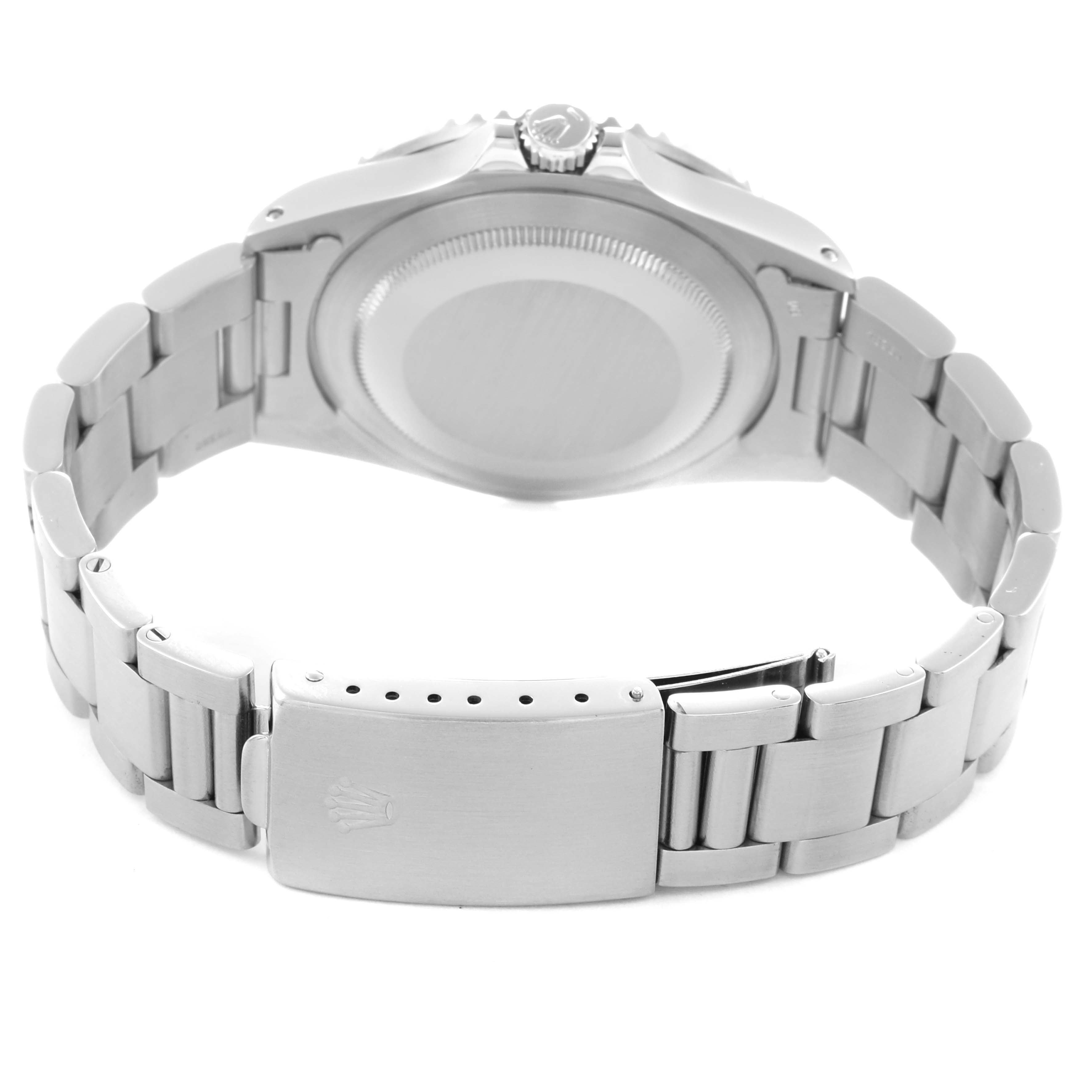 The image shows the back view of a Rolex GMT-Master 16700 Men's Stainless Steel Black Dial 16700 Men's Stainless Steel Black Dial watch, highlighting the case back and stainless steel bracelet with a clasp.