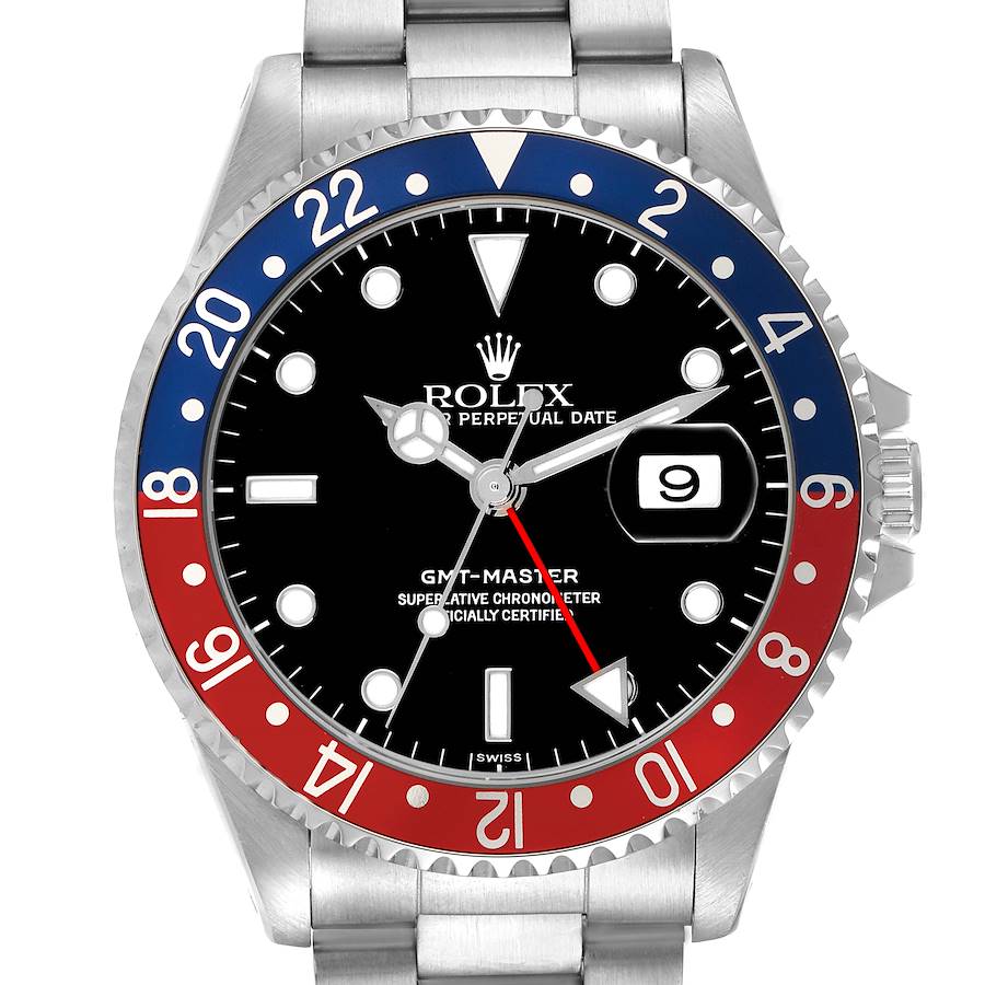The Rolex GMT-Master watch is shown from a front angle, highlighting the dial, bezel, hands, and bracelet.