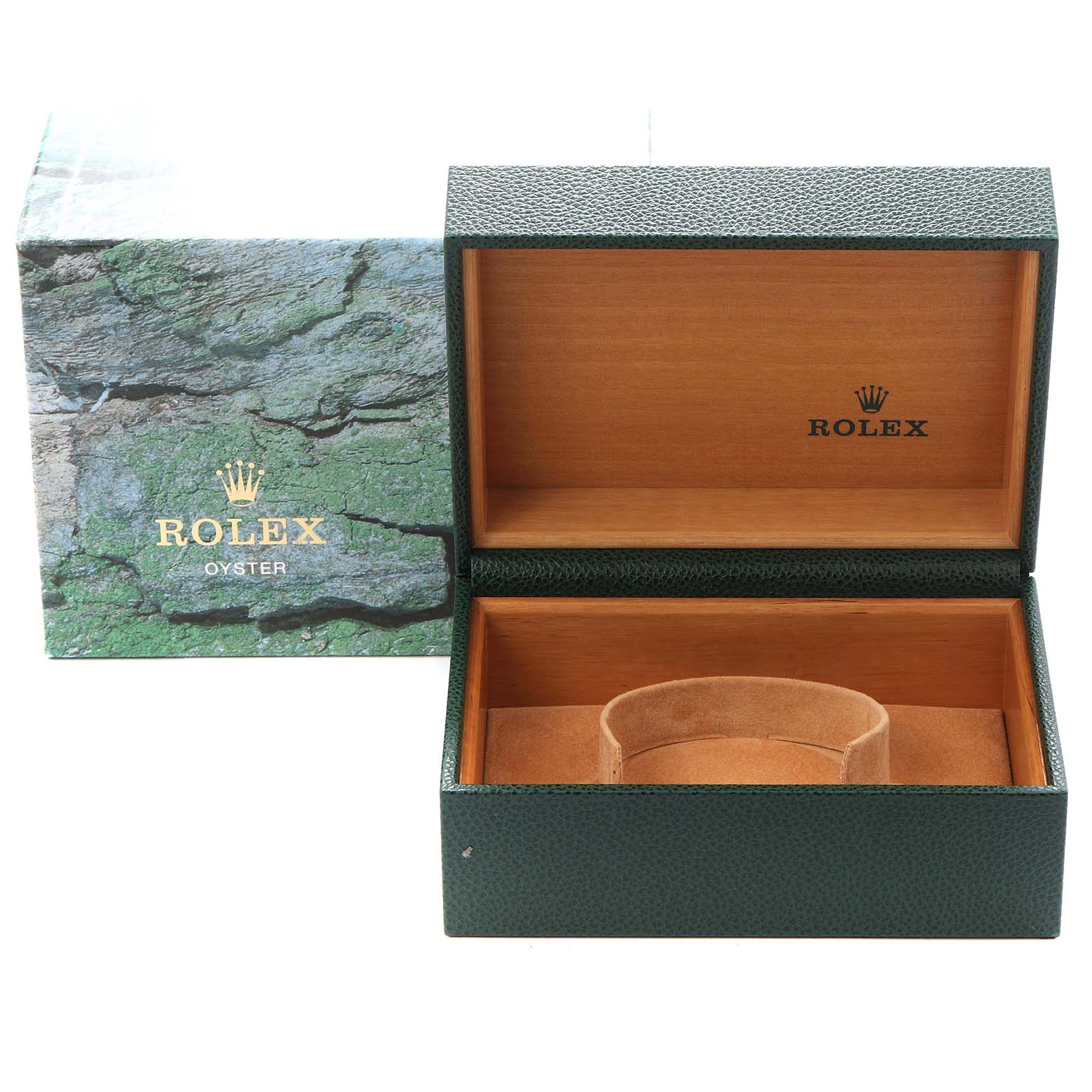 The image shows an open Rolex GMT-Master 16700 Men's Stainless Steel Black Dial 16700 Men's Stainless Steel Black Dial watch box with an outer cardboard box, displaying the interior lining and brand logos.