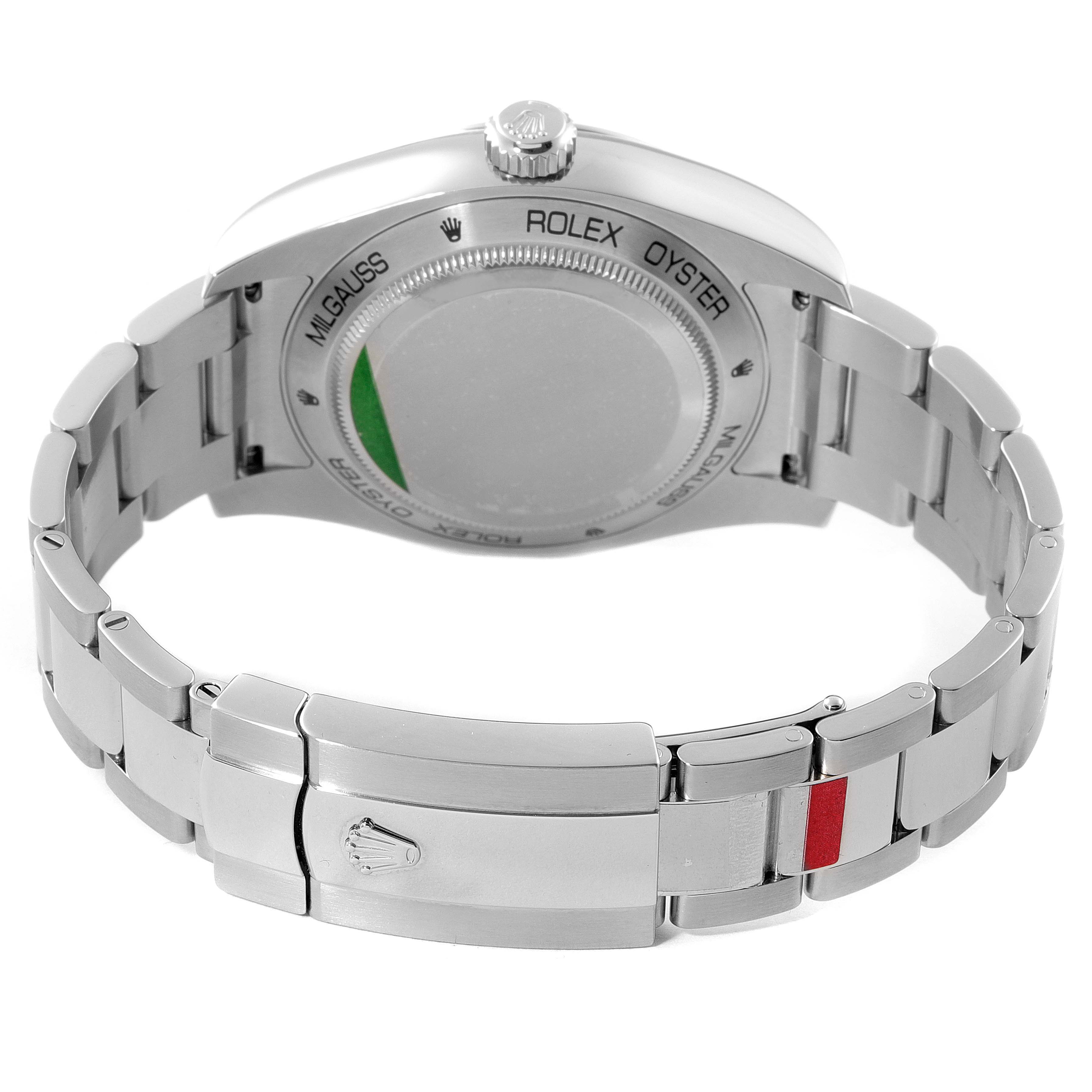 The image shows the back case and bracelet clasp of a Rolex Milgauss 116400GV Men
s Stainless Steel Blue Dial 116400GV Men
s Stainless Steel Blue Dial watch from a rear angle.