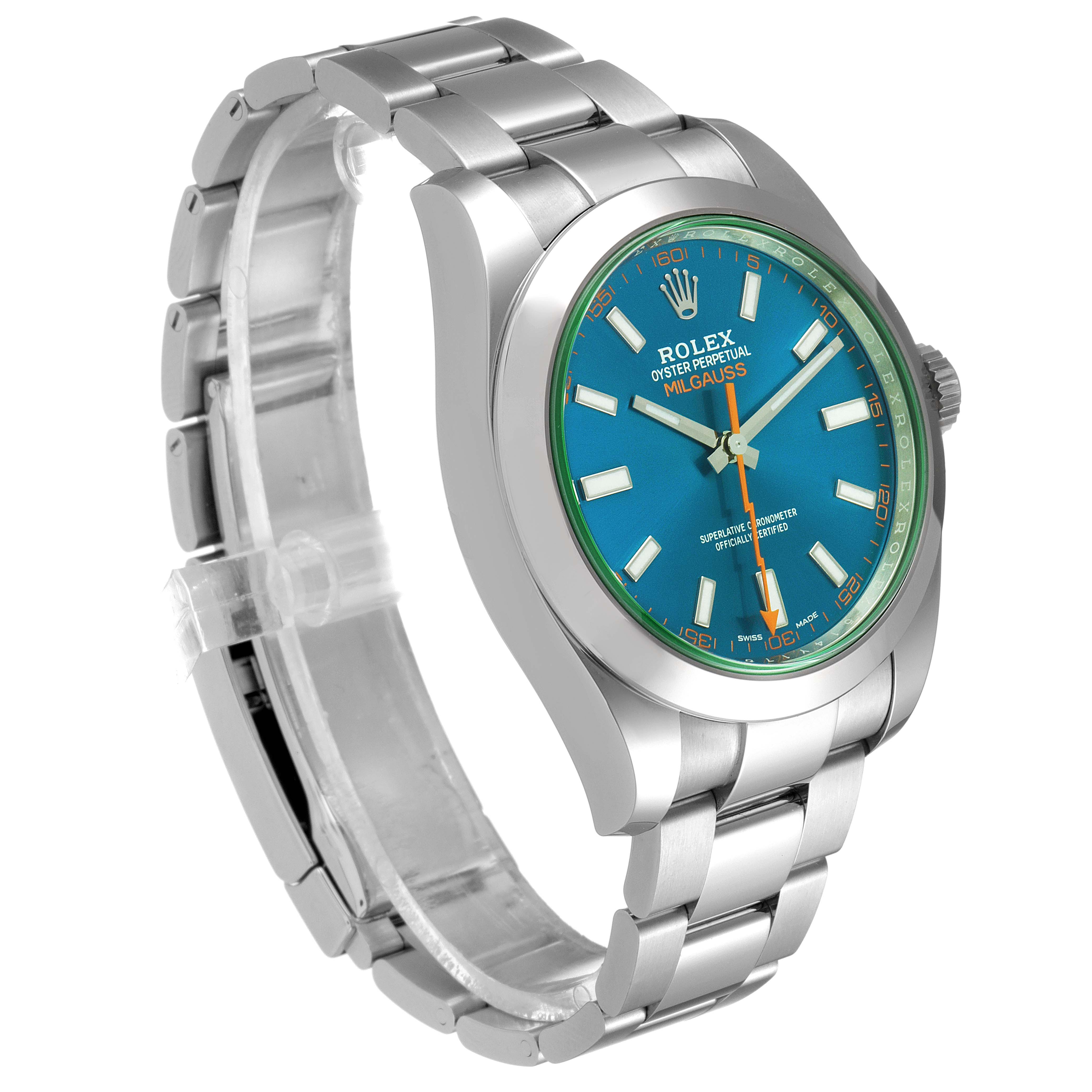 This image shows a Rolex Milgauss 116400GV Men
s Stainless Steel Blue Dial 116400GV Men
s Stainless Steel Blue Dial watch at an angle from the front-right, displaying the face, bezel, and bracelet.