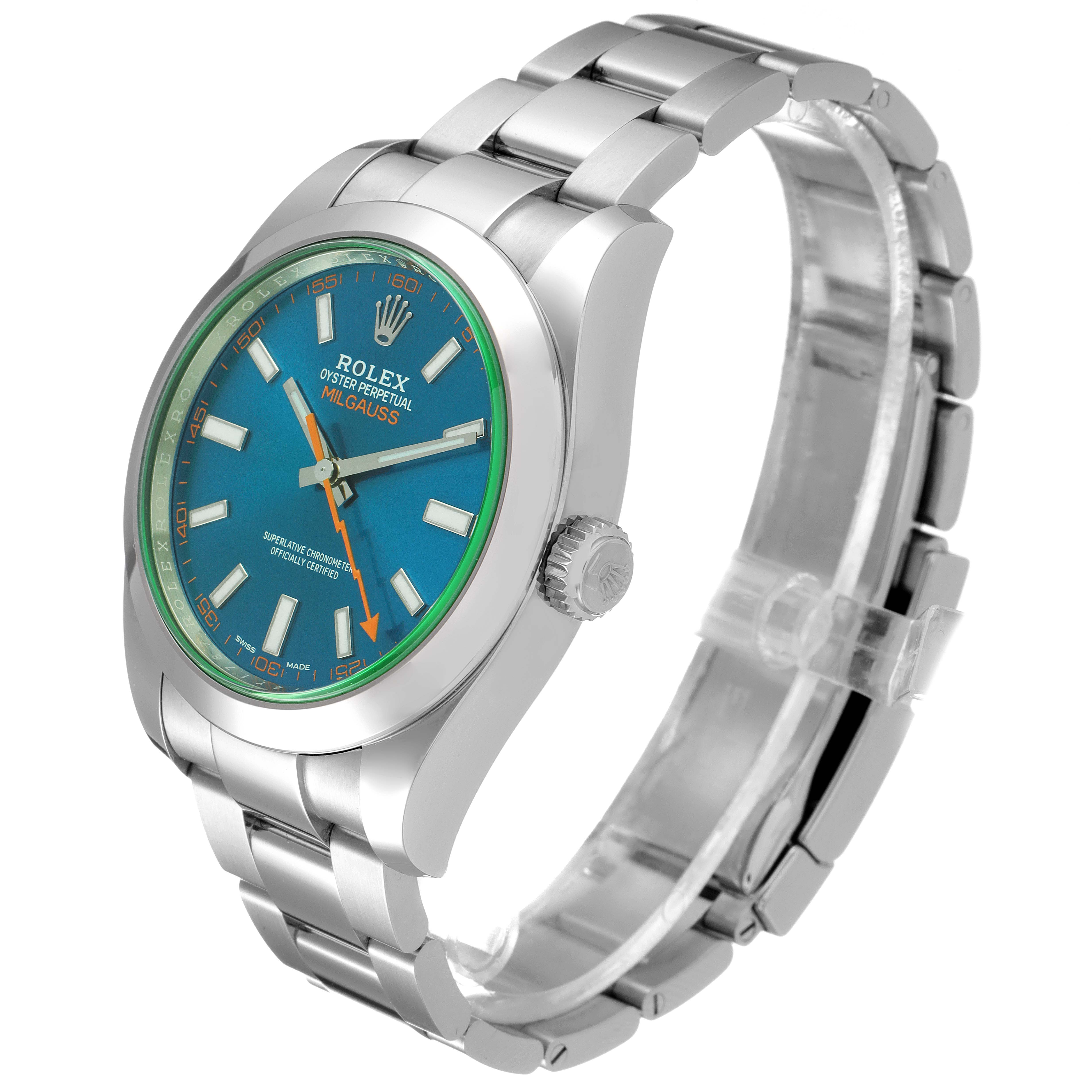 A Rolex Milgauss 116400GV Men
s Stainless Steel Blue Dial 116400GV Men
s Stainless Steel Blue Dial watch is shown at a right-side angle, displaying the face, case, crown, and bracelet.