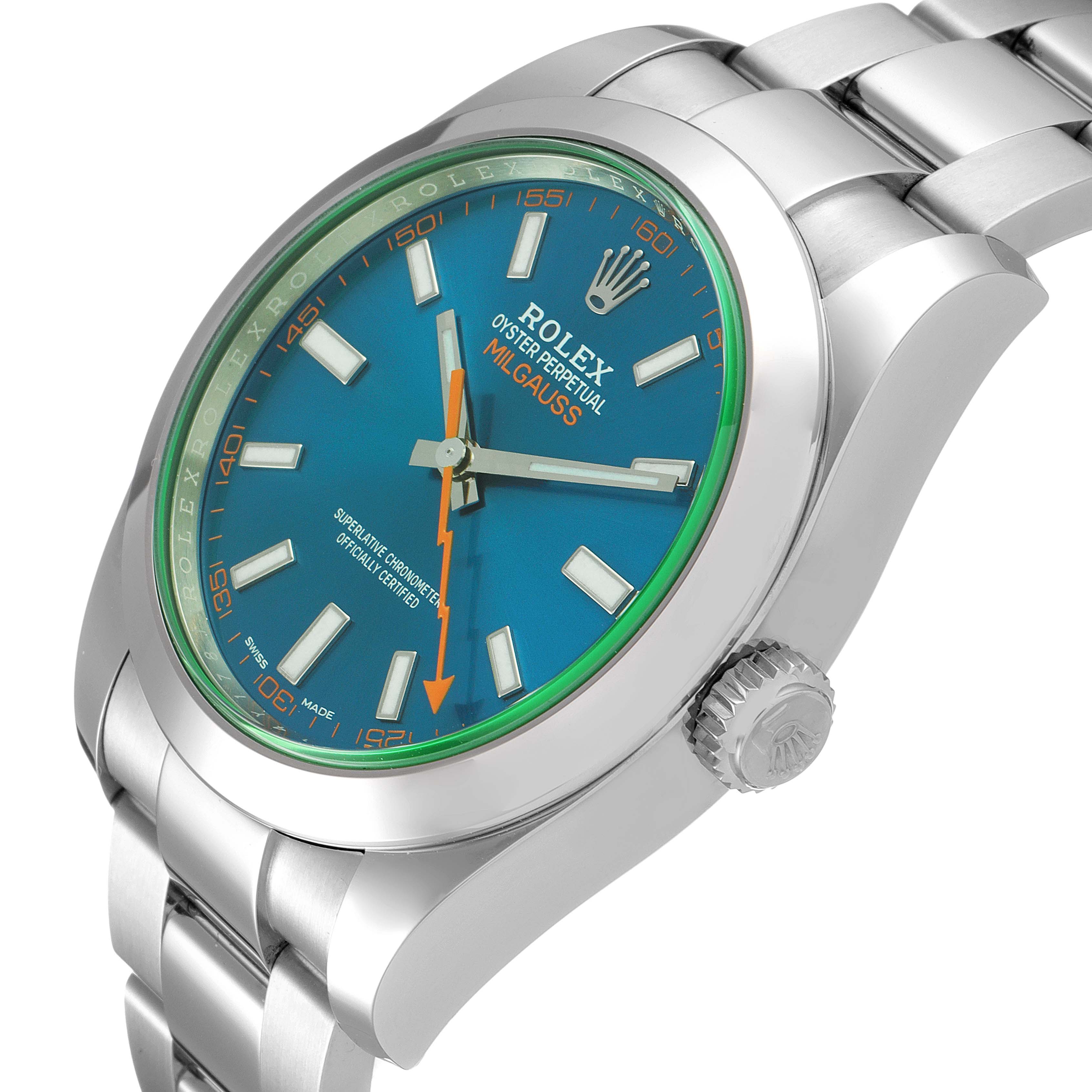 This image shows a side-angle view of a Rolex Milgauss 116400GV Men
s Stainless Steel Blue Dial 116400GV Men
s Stainless Steel Blue Dial watch featuring the bezel, dial, crown, and a portion of the bracelet.