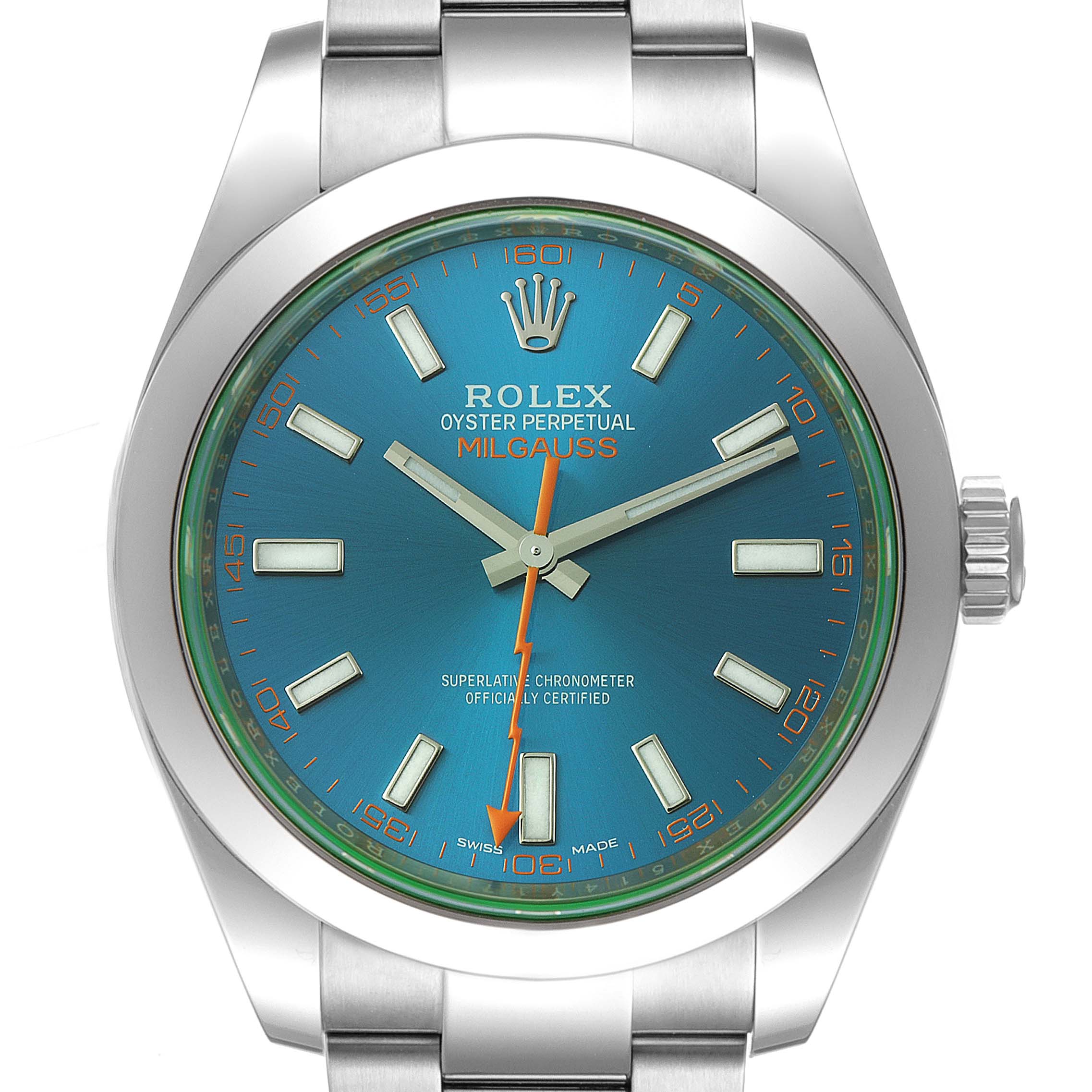 The image shows a front view of a Rolex Milgauss 116400GV Men
s Stainless Steel Blue Dial 116400GV Men
s Stainless Steel Blue Dial watch, highlighting the dial, bezel, case, and part of the bracelet.