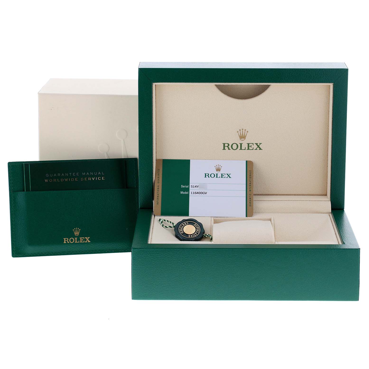 The image shows the packaging, guarantee manual, and Best Quality
ity card of a Rolex Milgauss 116400GV Men
s Stainless Steel Blue Dial 116400GV Men
s Stainless Steel Blue Dial watch model.