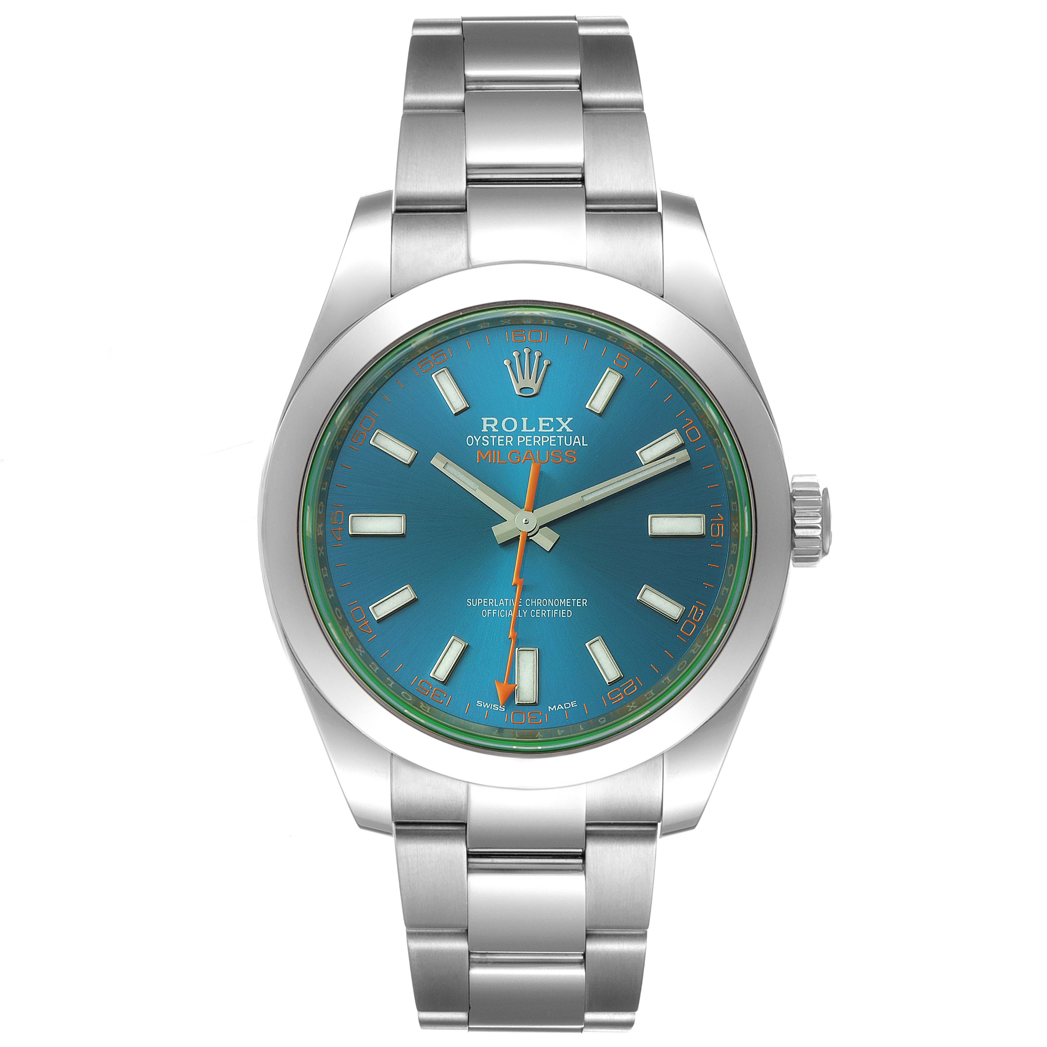 The image shows a front view of the Rolex Milgauss 116400GV Men
s Stainless Steel Blue Dial 116400GV Men
s Stainless Steel Blue Dial watch, highlighting its face, bezel, and bracelet.