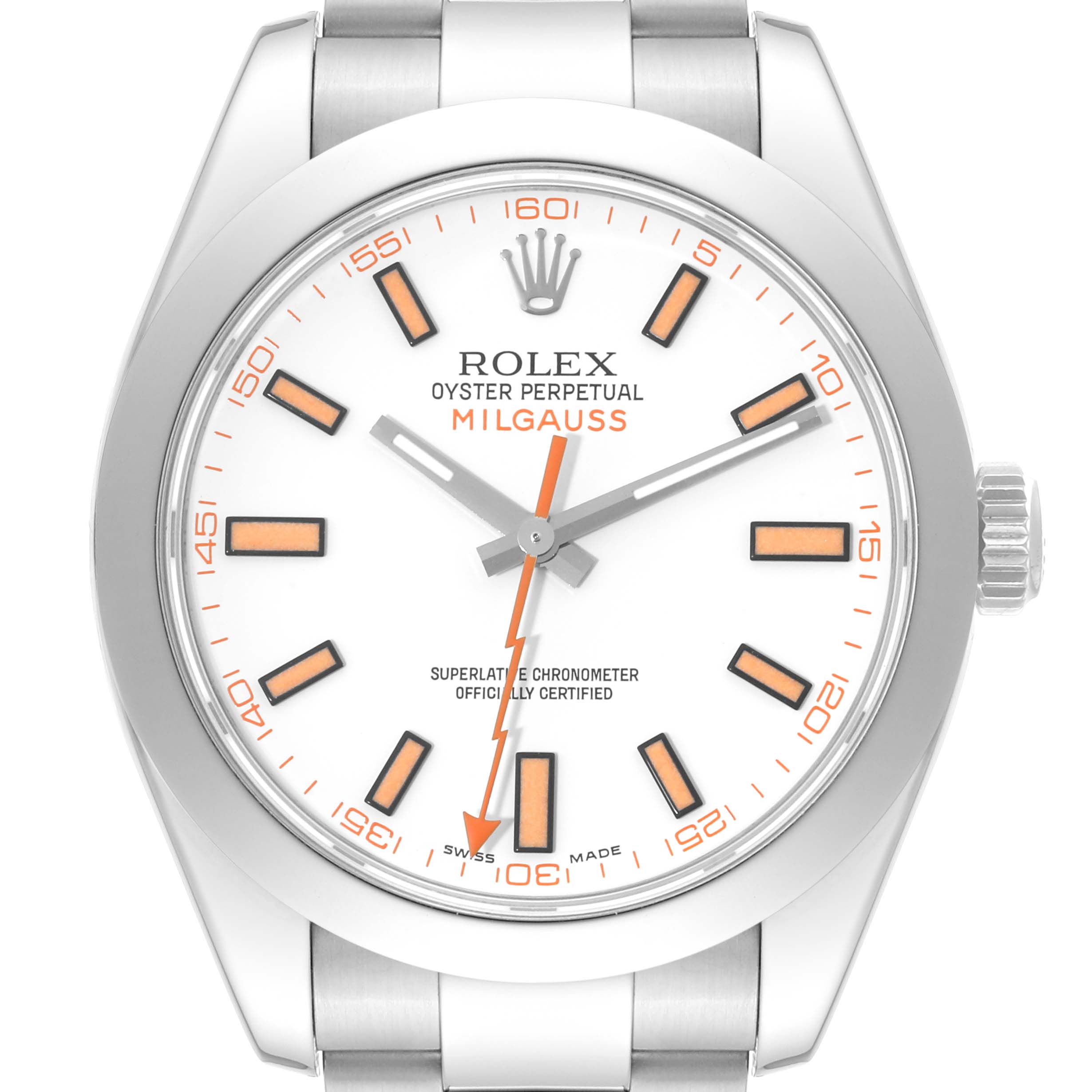 The image shows a front view of the Rolex Milgauss 116400 Men's Stainless Steel White Dial 116400 Men's Stainless Steel White Dial watch, highlighting its white dial, orange markers, and unique lightning bolt second hand.