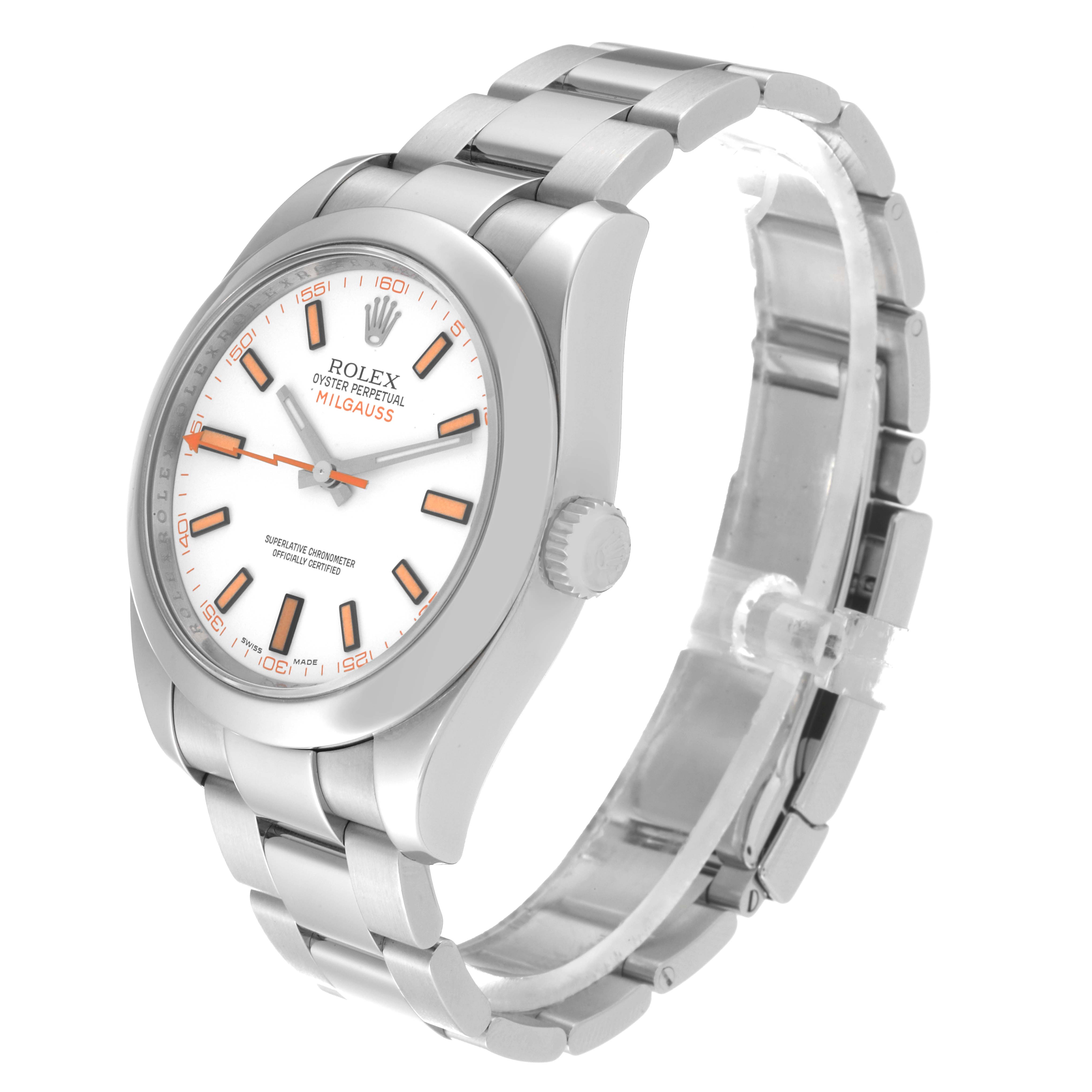 The image shows a side angle view of the Rolex Milgauss 116400 Men's Stainless Steel White Dial 116400 Men's Stainless Steel White Dial watch, highlighting its white dial and stainless steel bracelet.